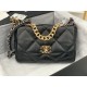 CHANEL 19 Large Handbag Black Shiny Lambskin Gold Tone Silver Tone Ruthenium Finish Metal