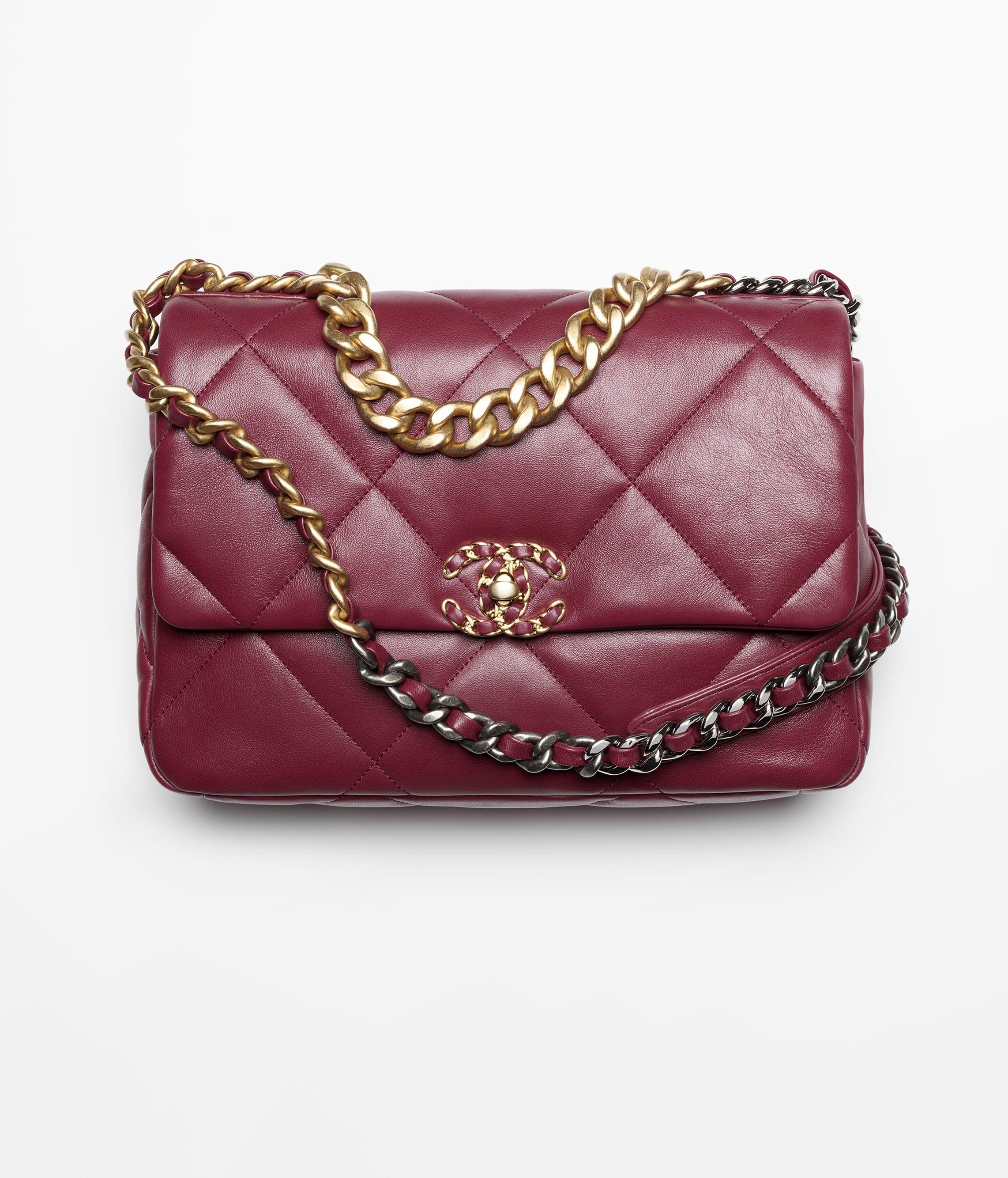 CHANEL 19 Large Handbag Burgundy Shiny Lambskin Gold Tone Silver Tone Ruthenium Finish Metal