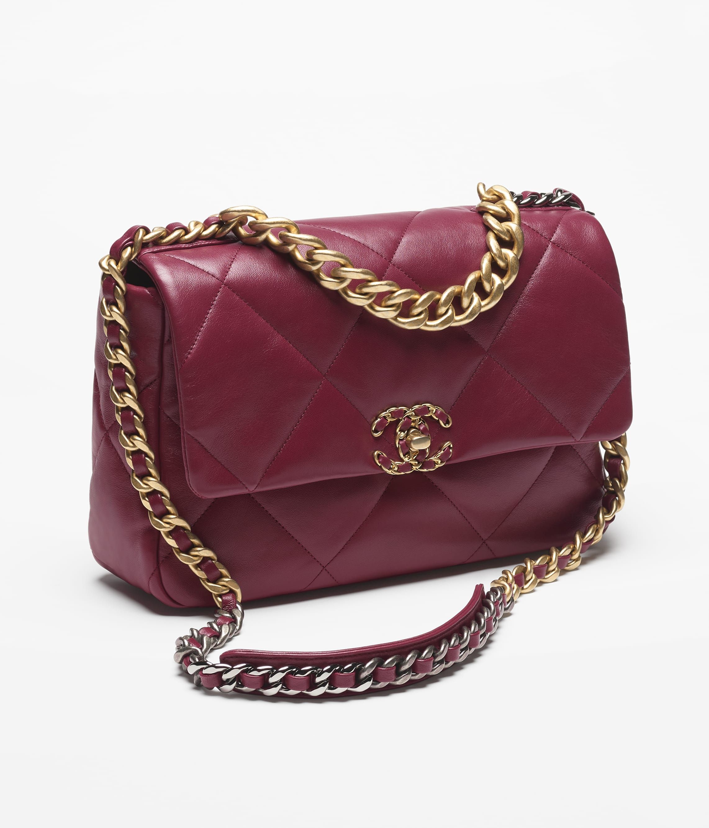 CHANEL 19 Large Handbag Burgundy Shiny Lambskin Gold Tone Silver Tone Ruthenium Finish Metal