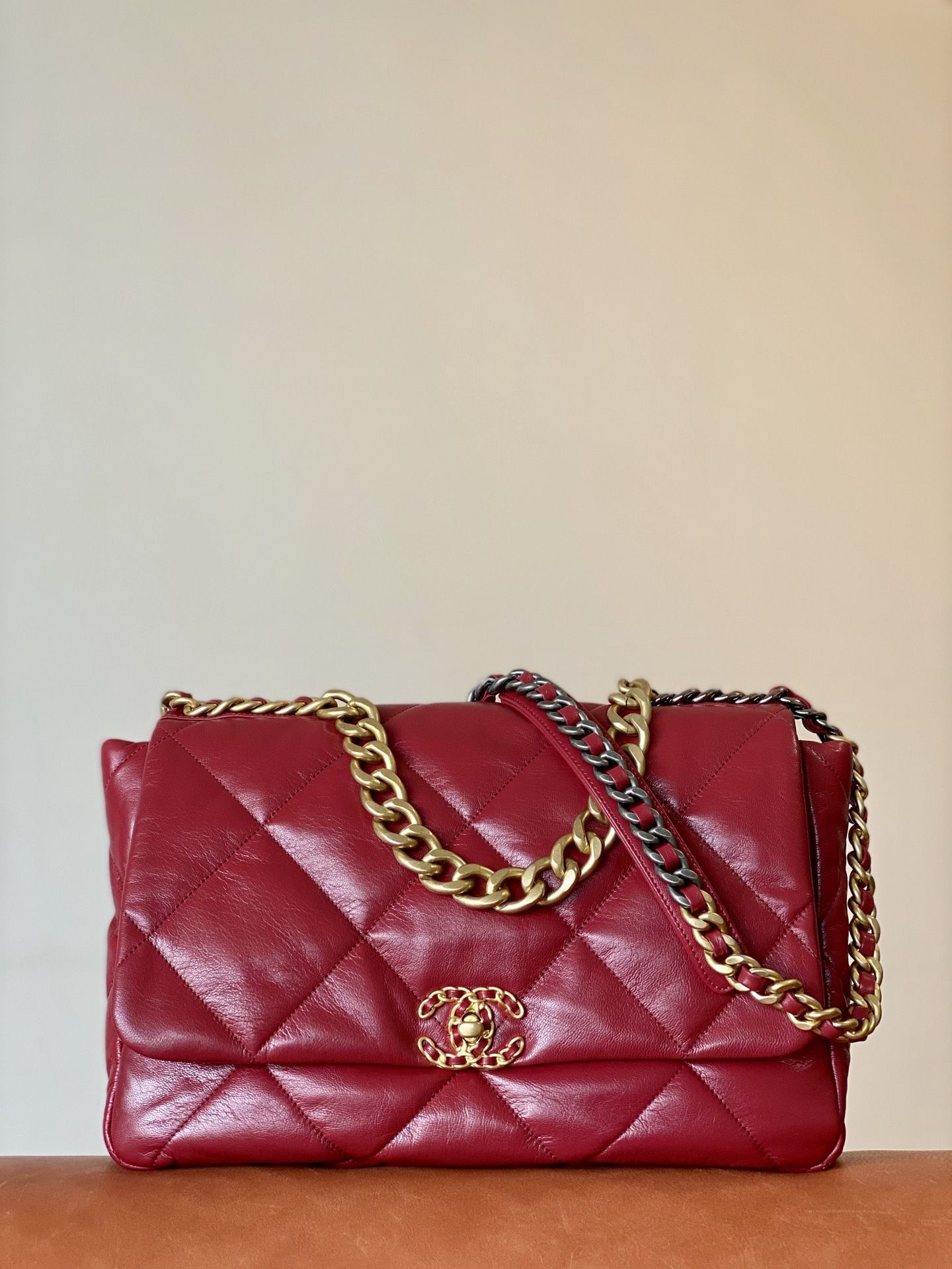 CHANEL 19 Large Handbag Burgundy Shiny Lambskin Gold Tone Silver Tone Ruthenium Finish Metal