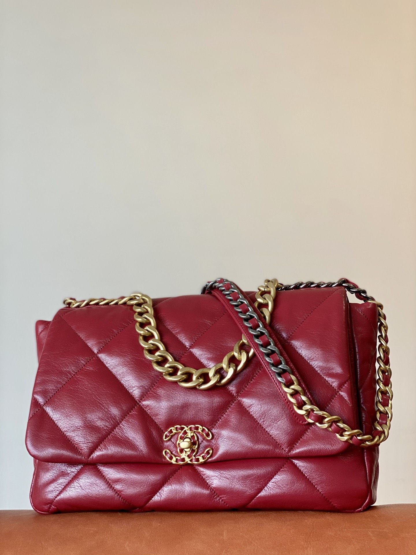 CHANEL 19 Large Handbag Burgundy Shiny Lambskin Gold Tone Silver Tone Ruthenium Finish Metal