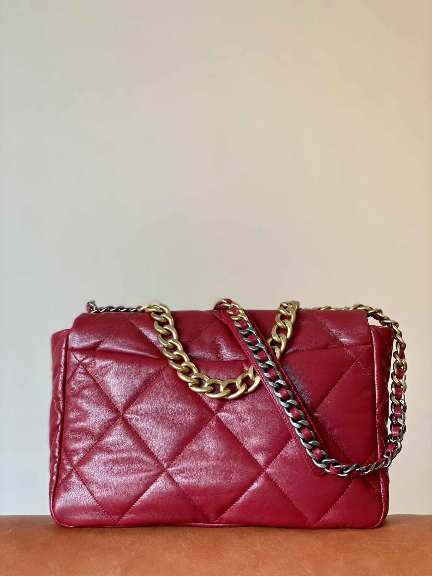 CHANEL 19 Large Handbag Burgundy Shiny Lambskin Gold Tone Silver Tone Ruthenium Finish Metal