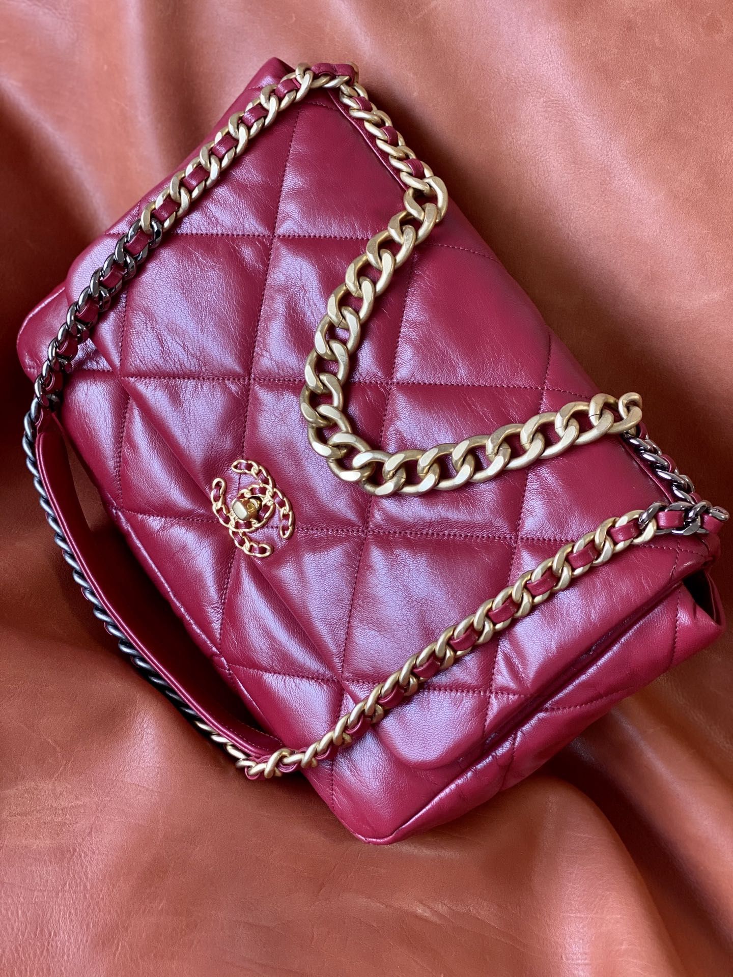 CHANEL 19 Large Handbag Burgundy Shiny Lambskin Gold Tone Silver Tone Ruthenium Finish Metal