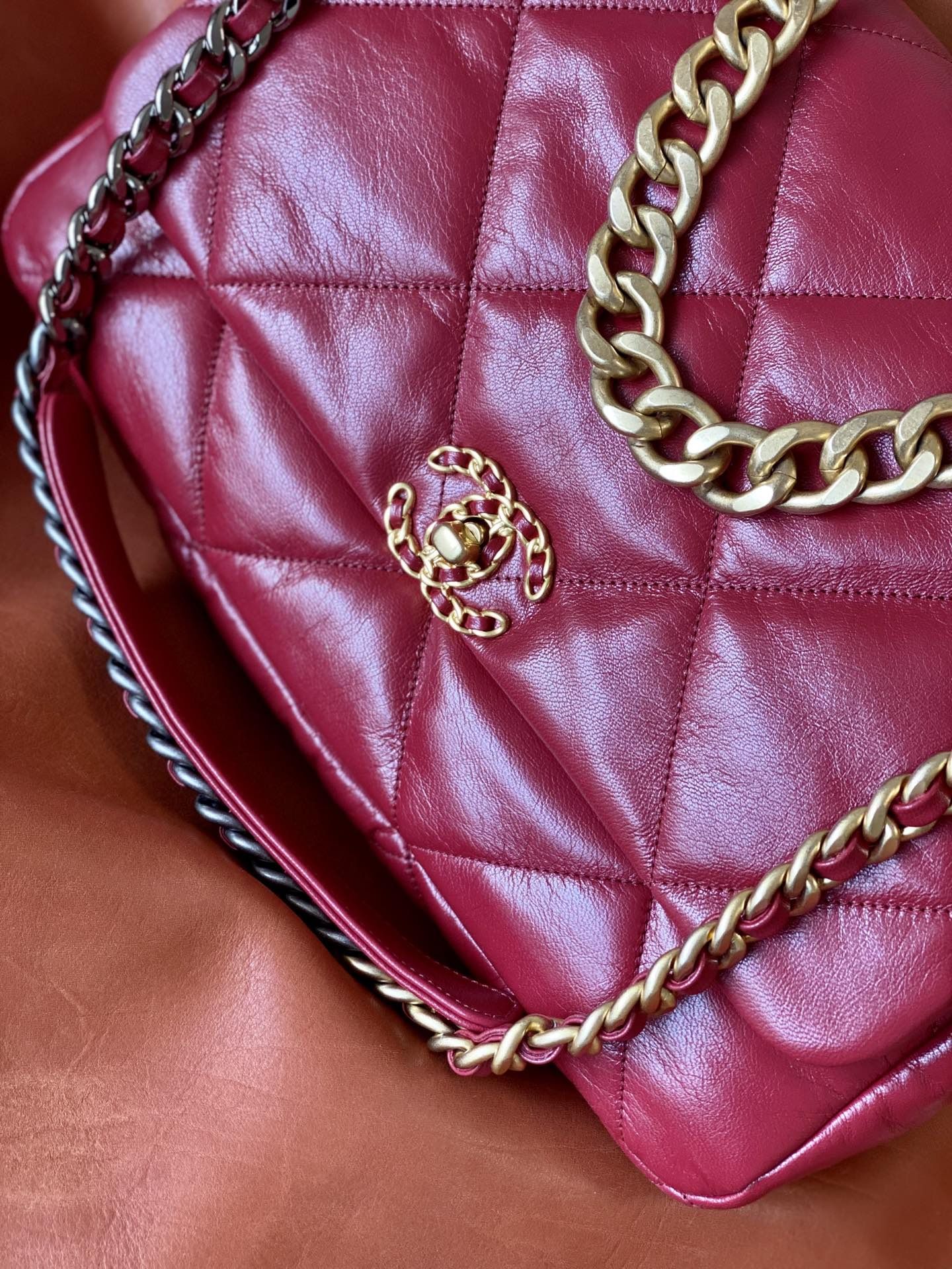 CHANEL 19 Large Handbag Burgundy Shiny Lambskin Gold Tone Silver Tone Ruthenium Finish Metal