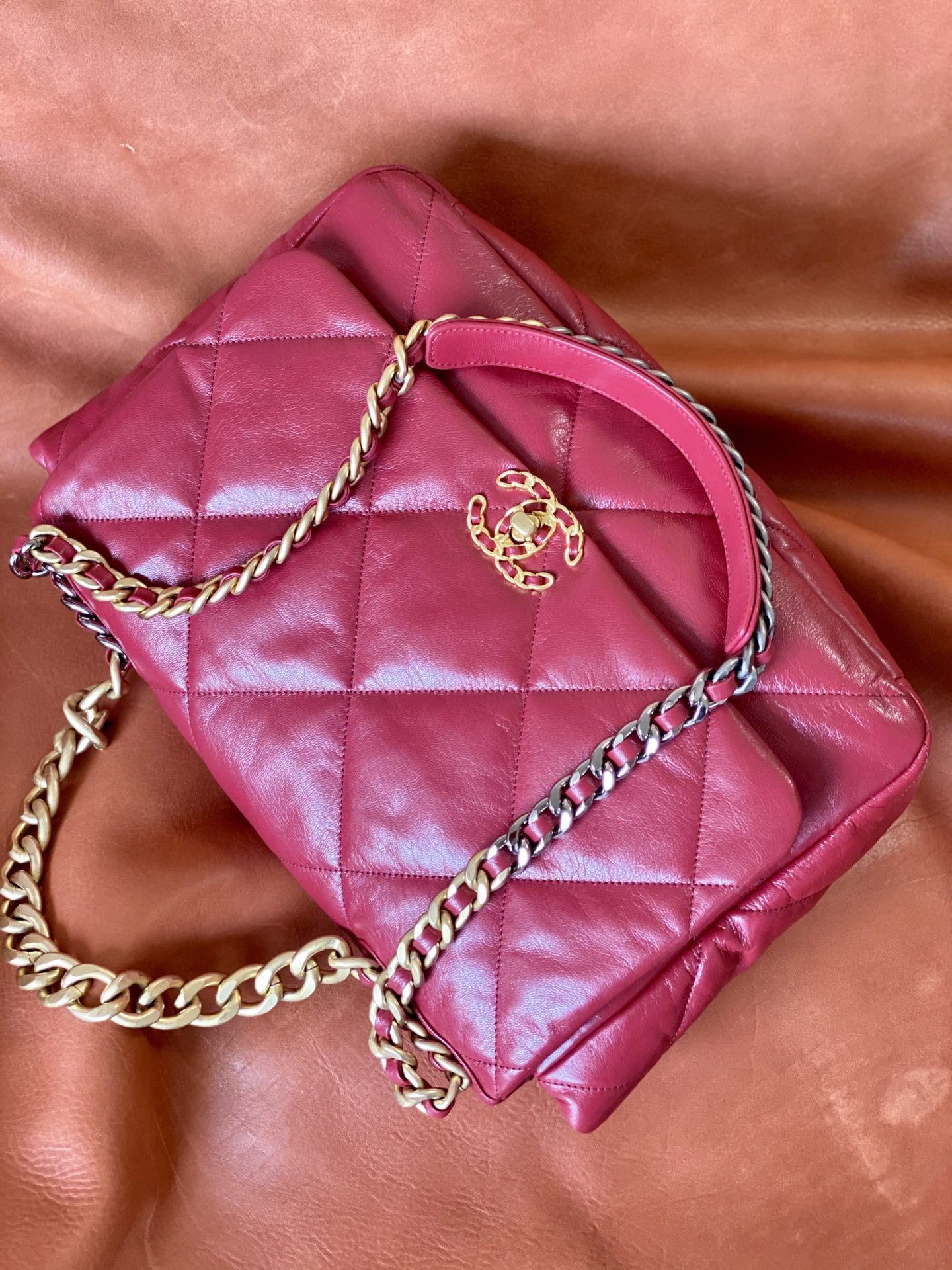 CHANEL 19 Large Handbag Burgundy Shiny Lambskin Gold Tone Silver Tone Ruthenium Finish Metal