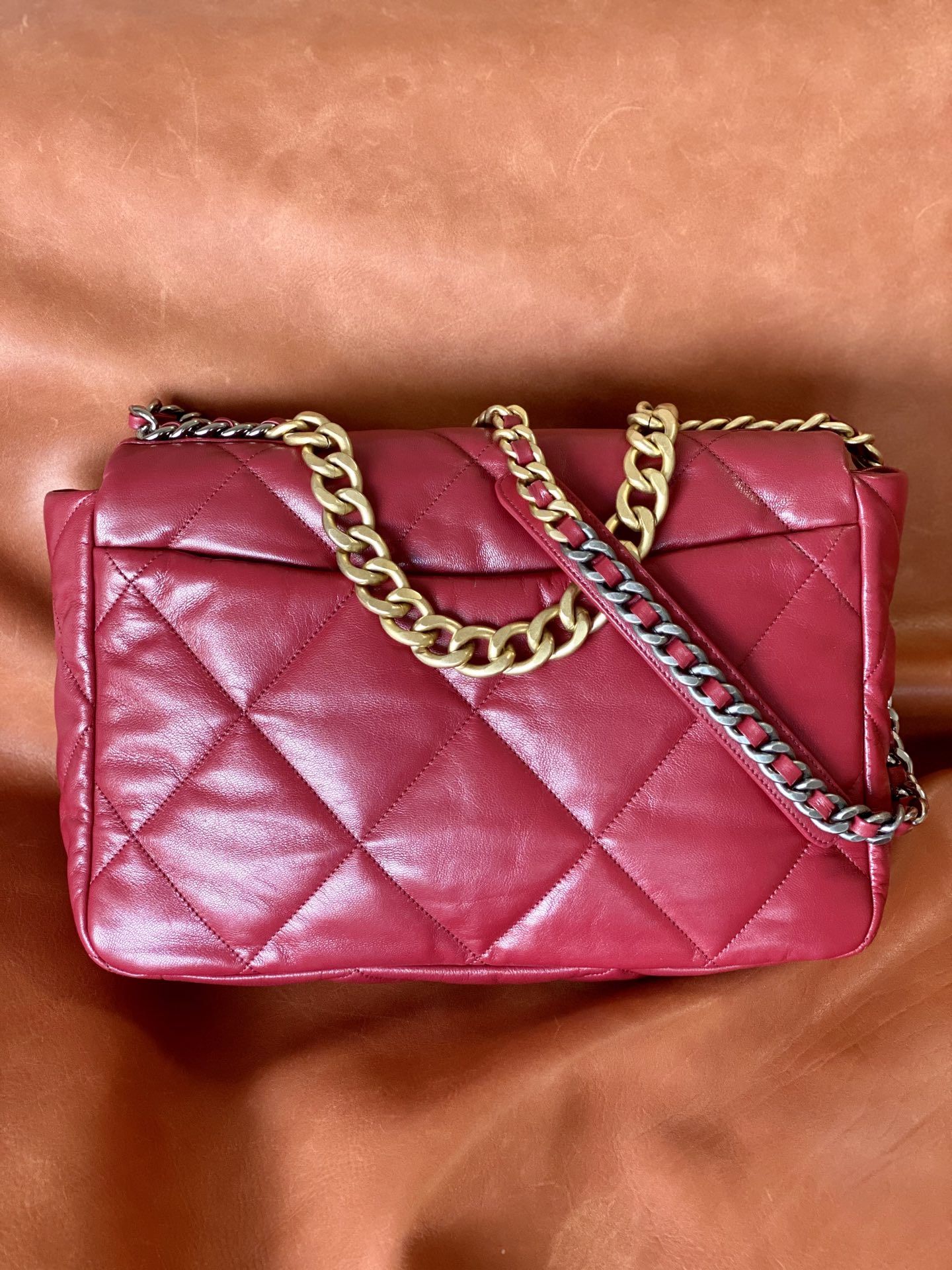 CHANEL 19 Large Handbag Burgundy Shiny Lambskin Gold Tone Silver Tone Ruthenium Finish Metal