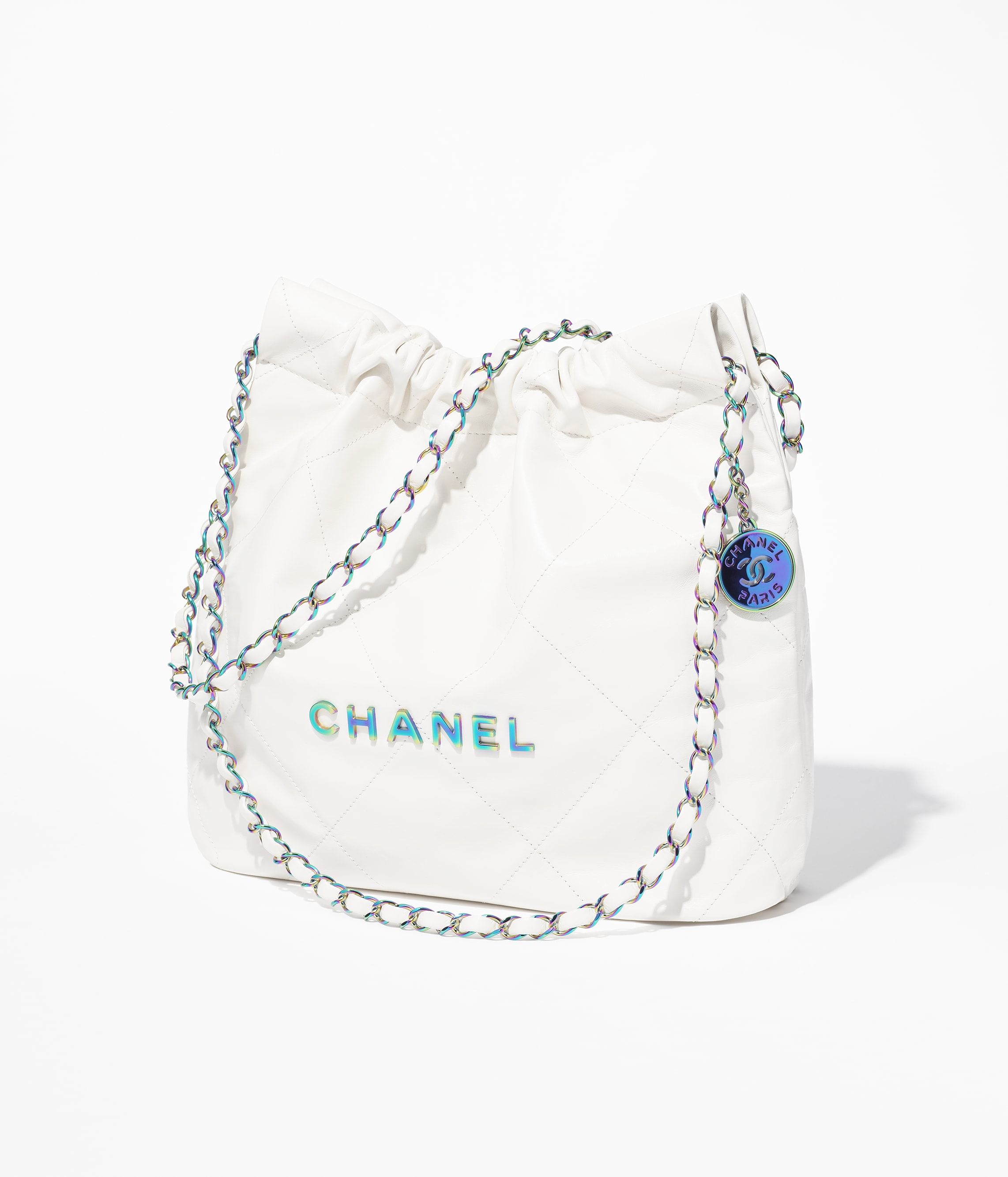 CHANEL 22 Small Handbag White Shiny Calfskin Rainbow Metal