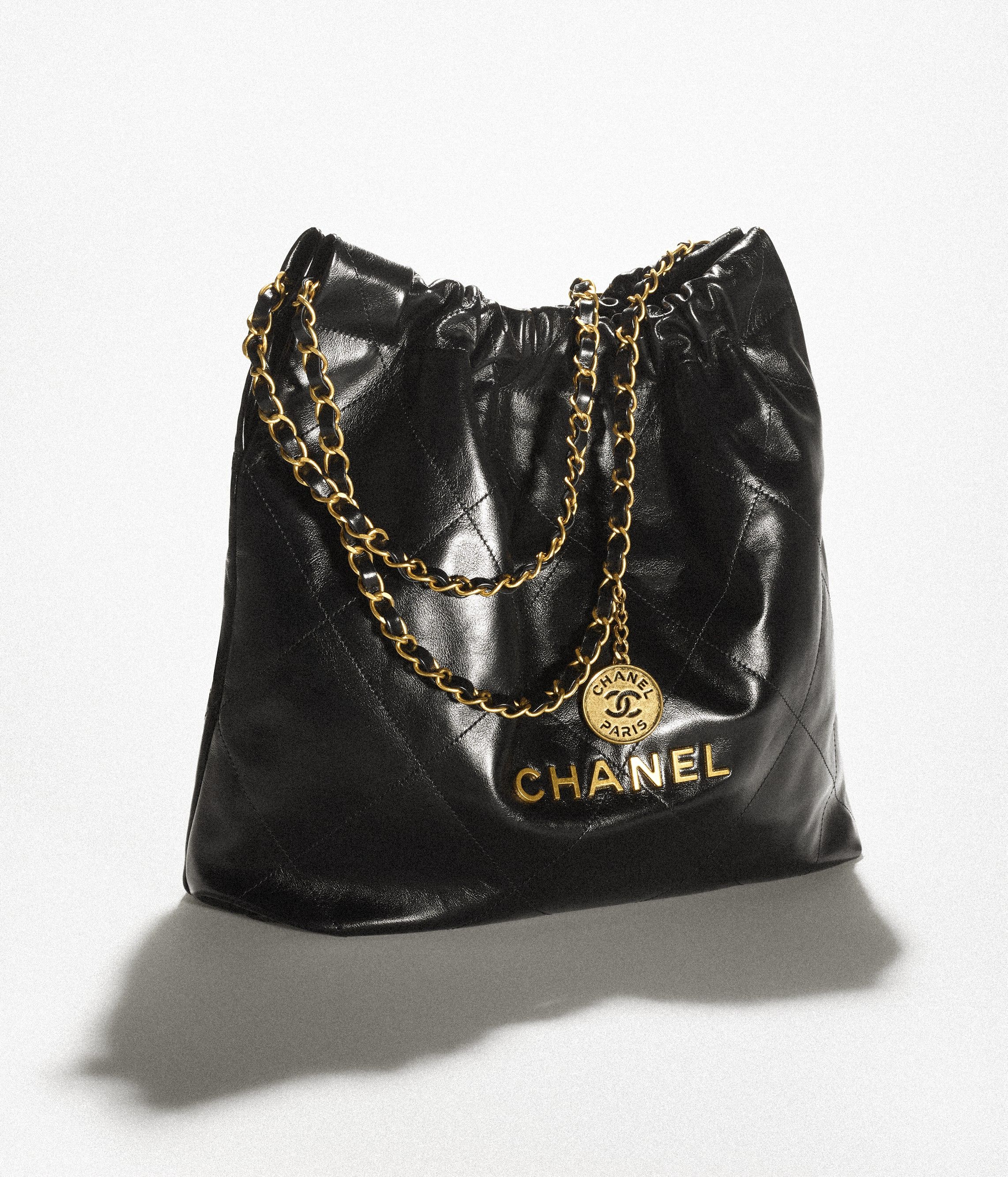 CHANEL 22 Handbag Black Shiny Calfskin Gold Tone Metal