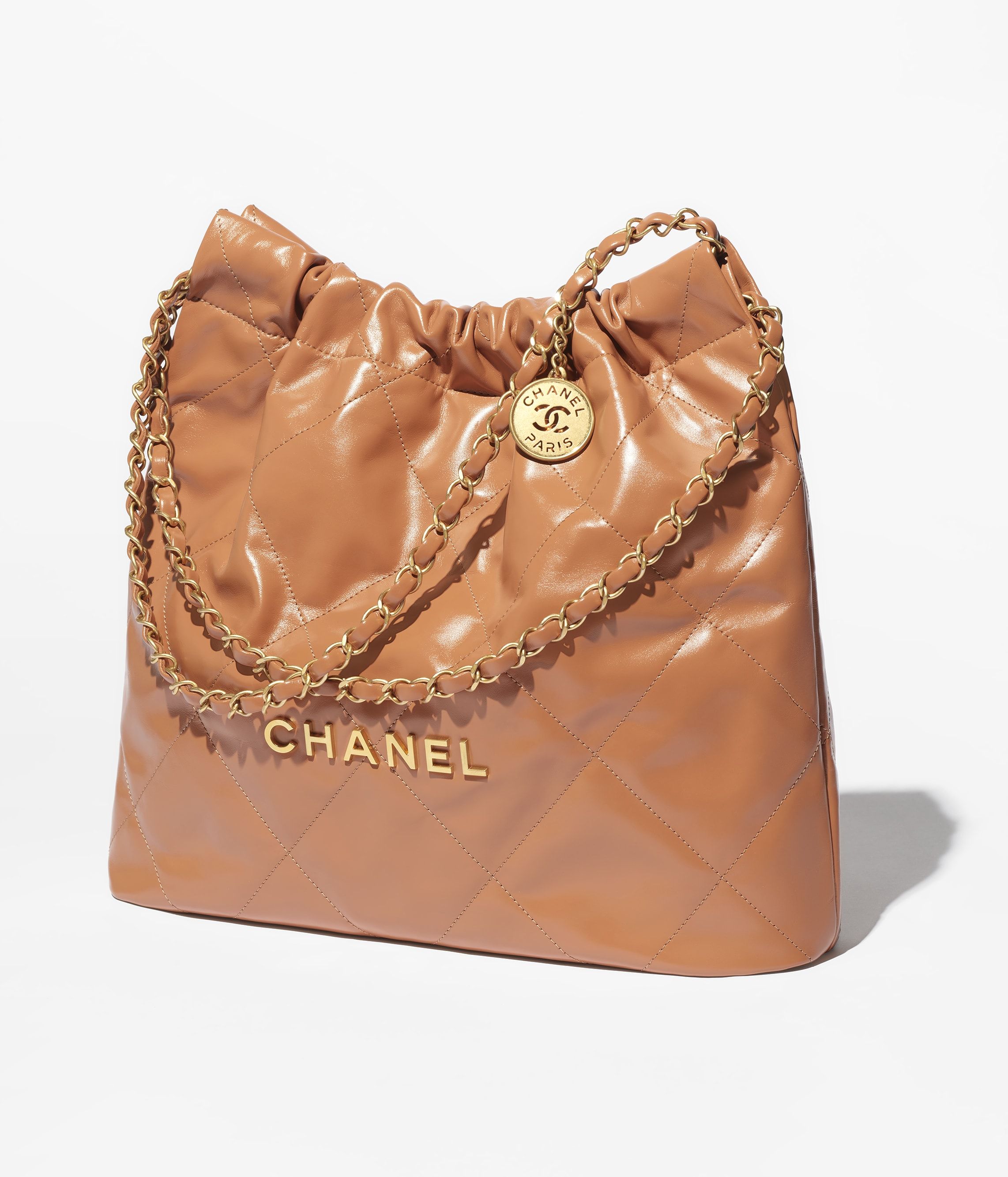 CHANEL 22 Handbag Camel Shiny Calfskin Gold Tone Metal