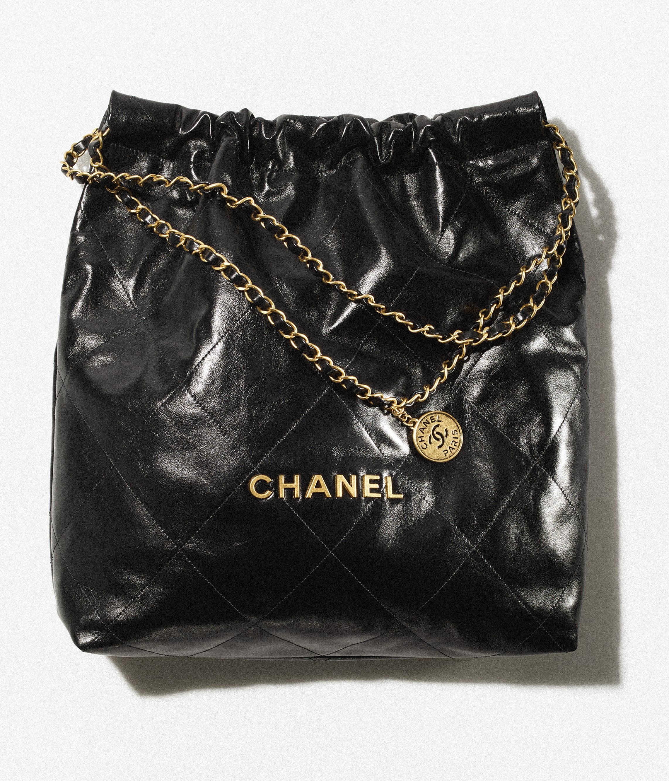 CHANEL 22 Large Handbag Black Shiny Calfskin Gold Tone Metal