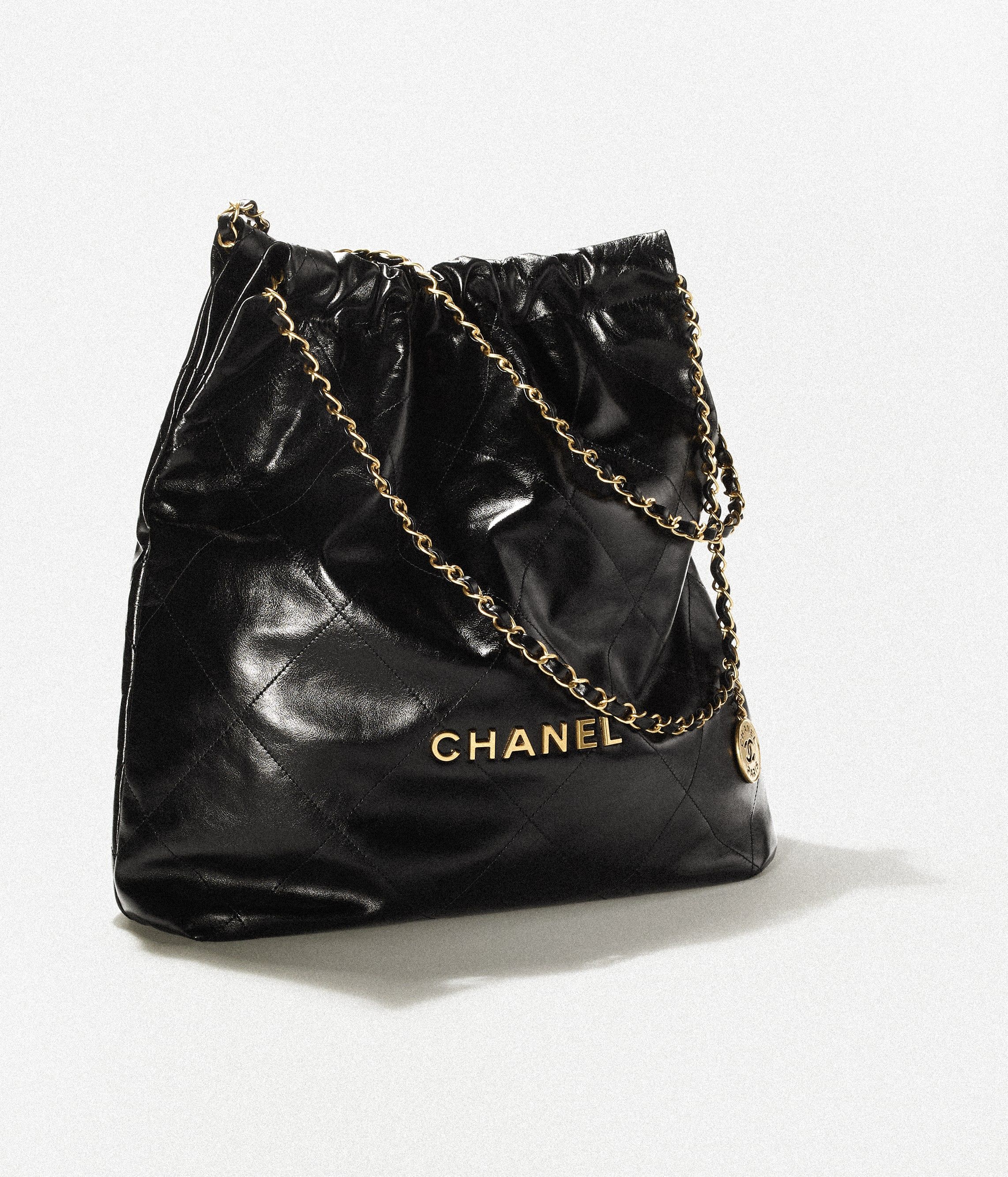 CHANEL 22 Large Handbag Black Shiny Calfskin Gold Tone Metal