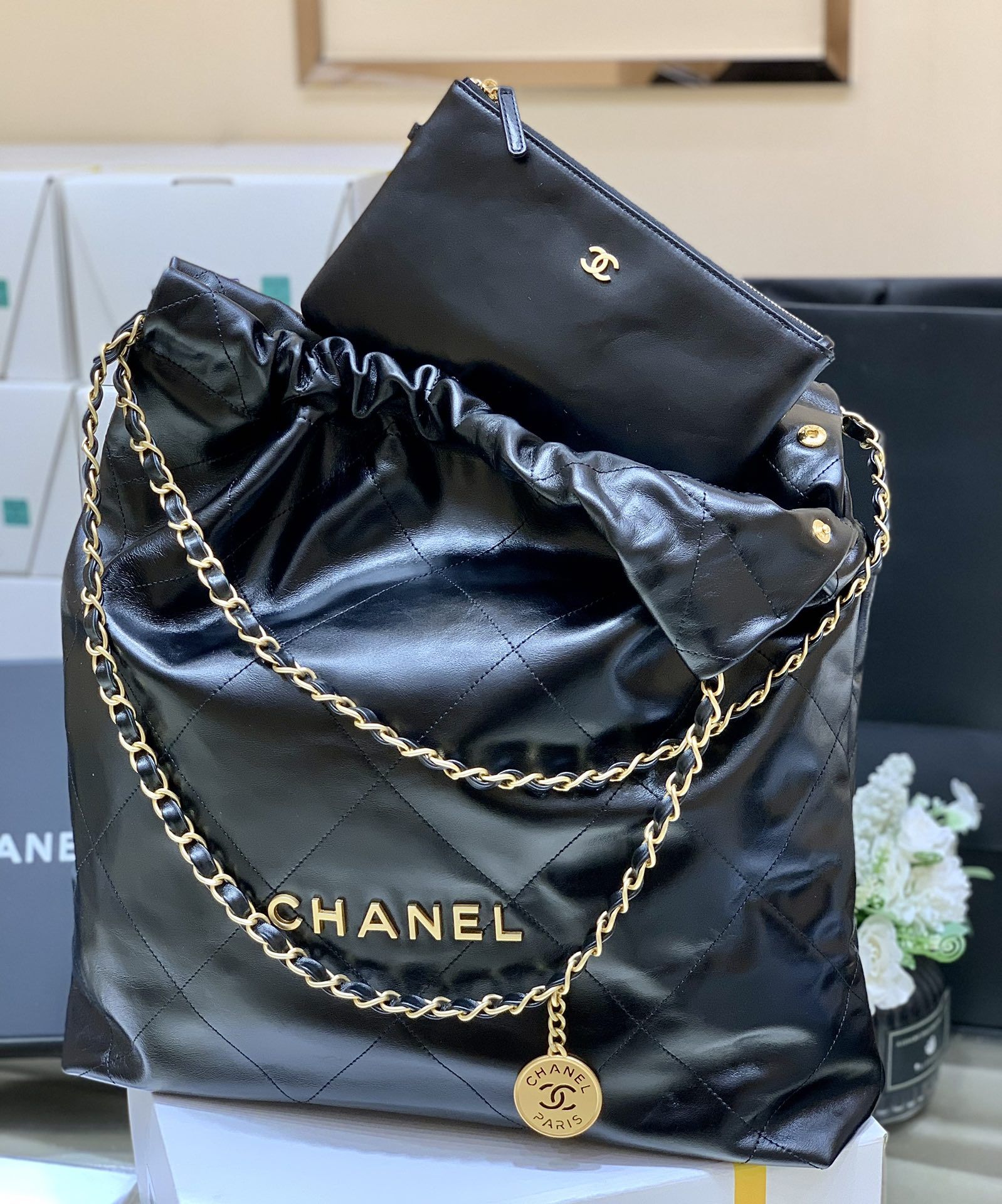 CHANEL 22 Large Handbag Black Shiny Calfskin Gold Tone Metal