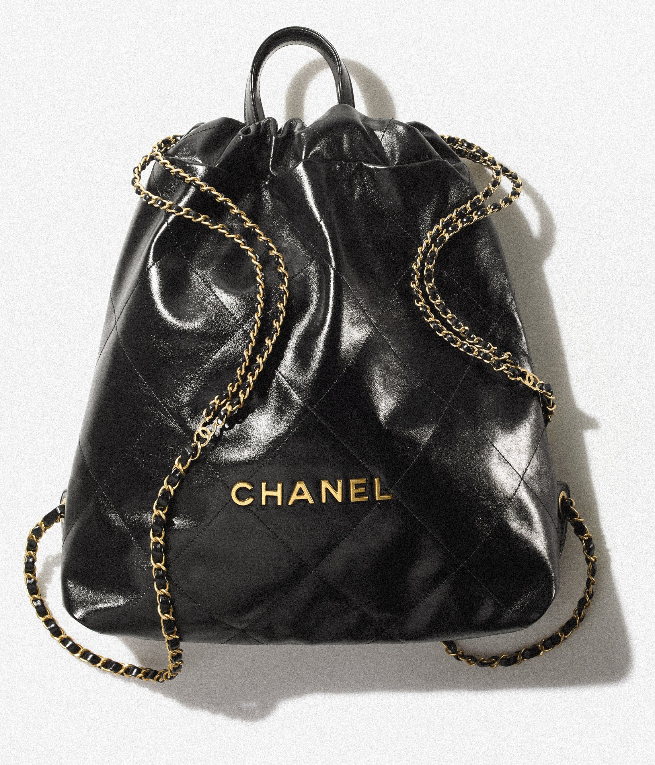 CHANEL Large Back Pack CHANEL 22 Black Shiny Calfskin Gold Tone Metal