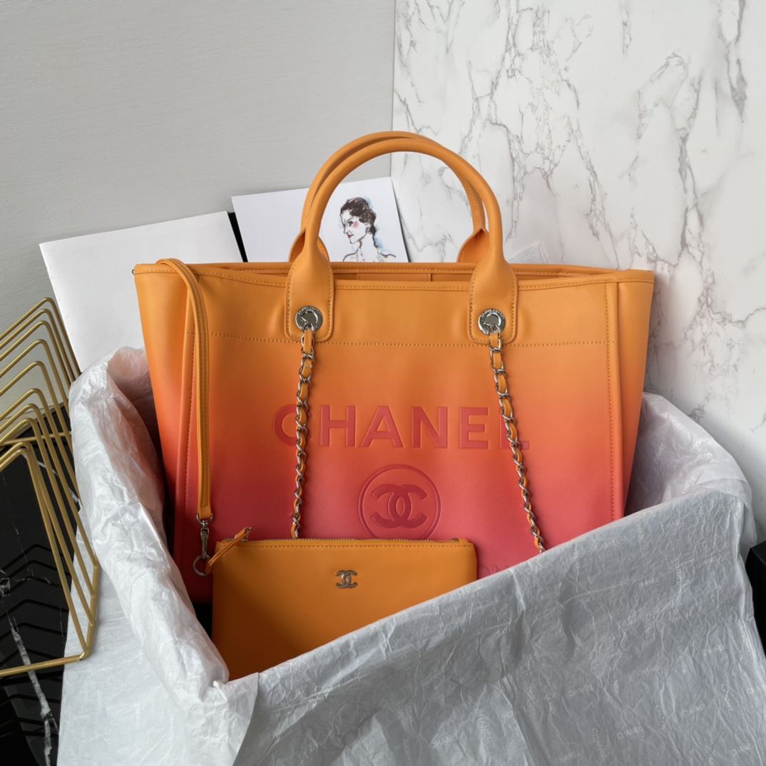 CHANEL Shopping Bag Orange Coral Pink Shaded Calfskin Silver Tone Metal