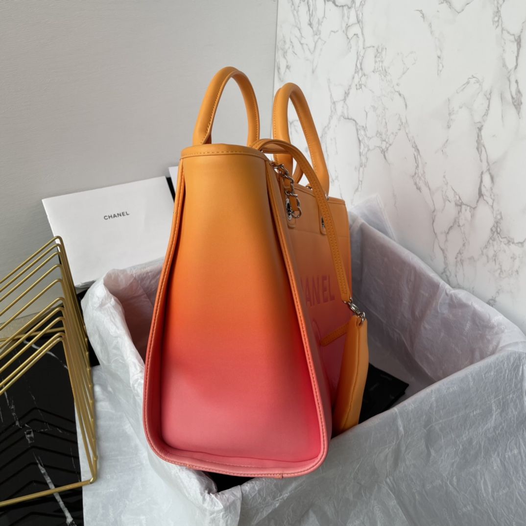 CHANEL Shopping Bag Orange Coral Pink Shaded Calfskin Silver Tone Metal