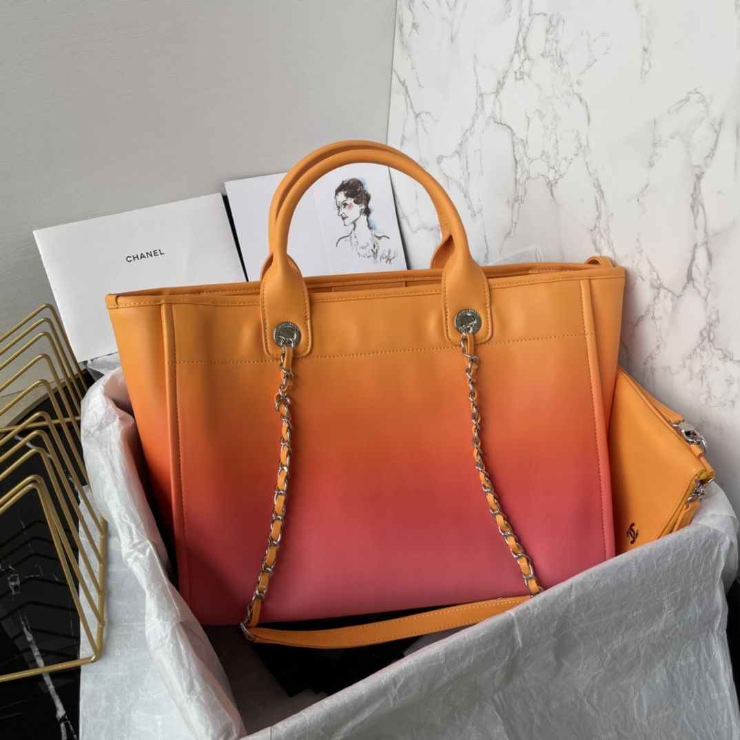 CHANEL Shopping Bag Orange Coral Pink Shaded Calfskin Silver Tone Metal