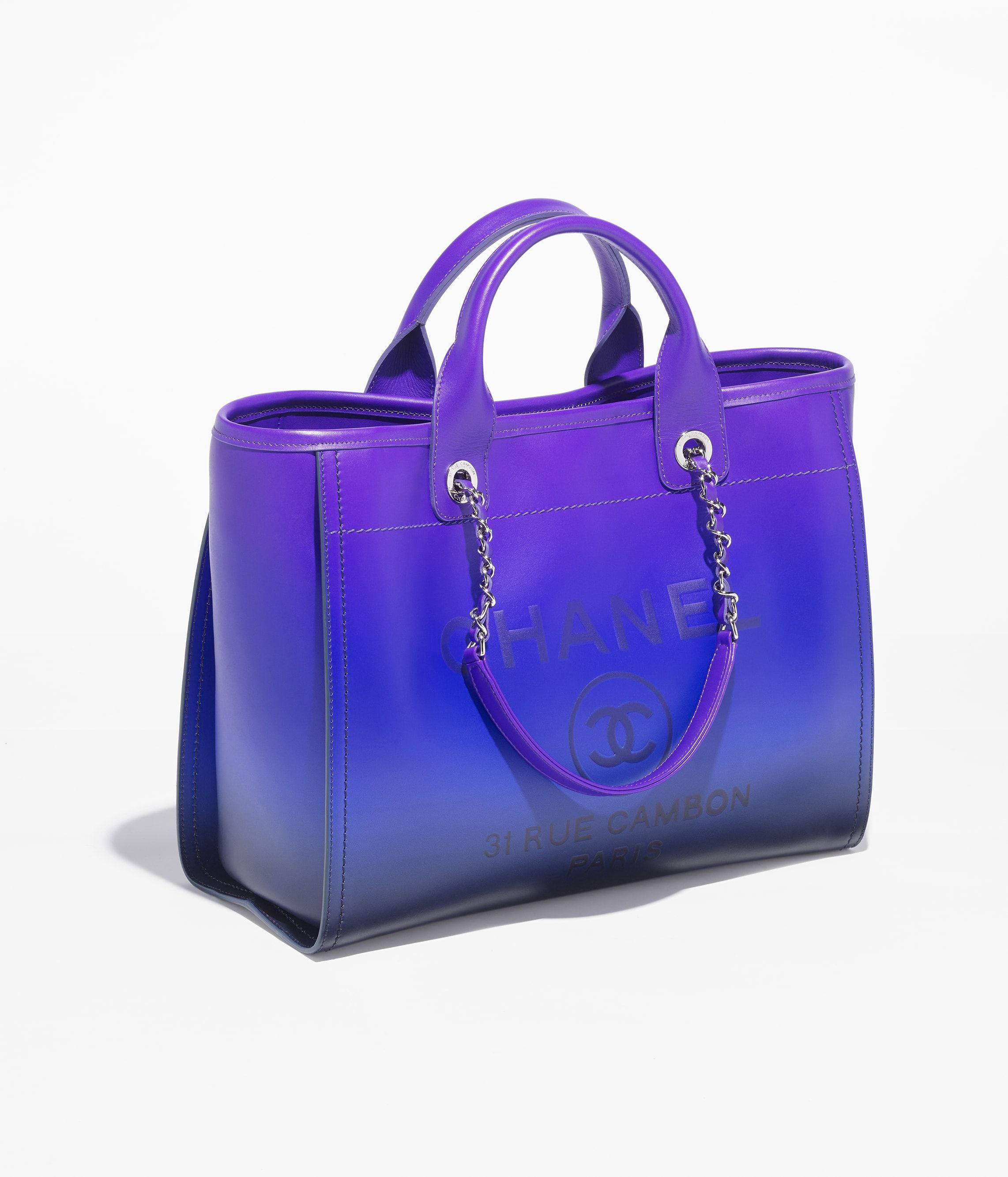 CHANEL Shopping Bag Purple Blue Dark Blue Shaded Calfskin Silver Tone Metal