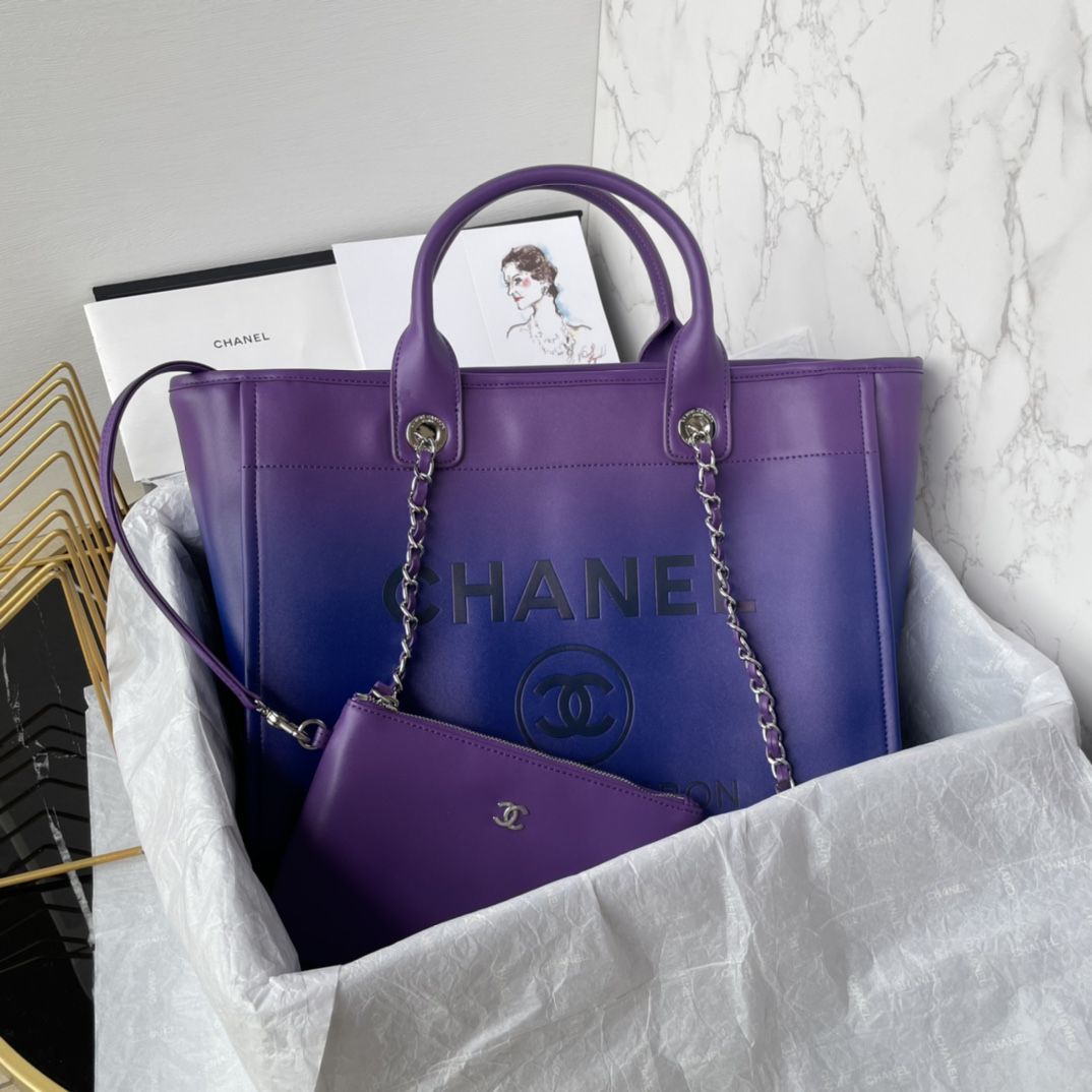 CHANEL Shopping Bag Purple Blue Dark Blue Shaded Calfskin Silver Tone Metal