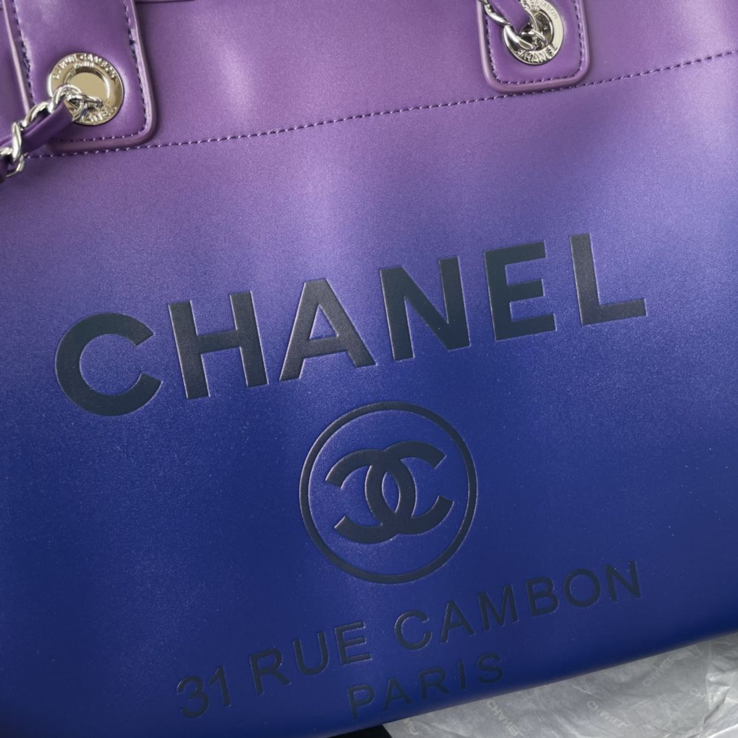 CHANEL Shopping Bag Purple Blue Dark Blue Shaded Calfskin Silver Tone Metal