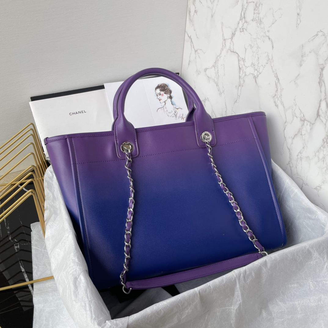 CHANEL Shopping Bag Purple Blue Dark Blue Shaded Calfskin Silver Tone Metal