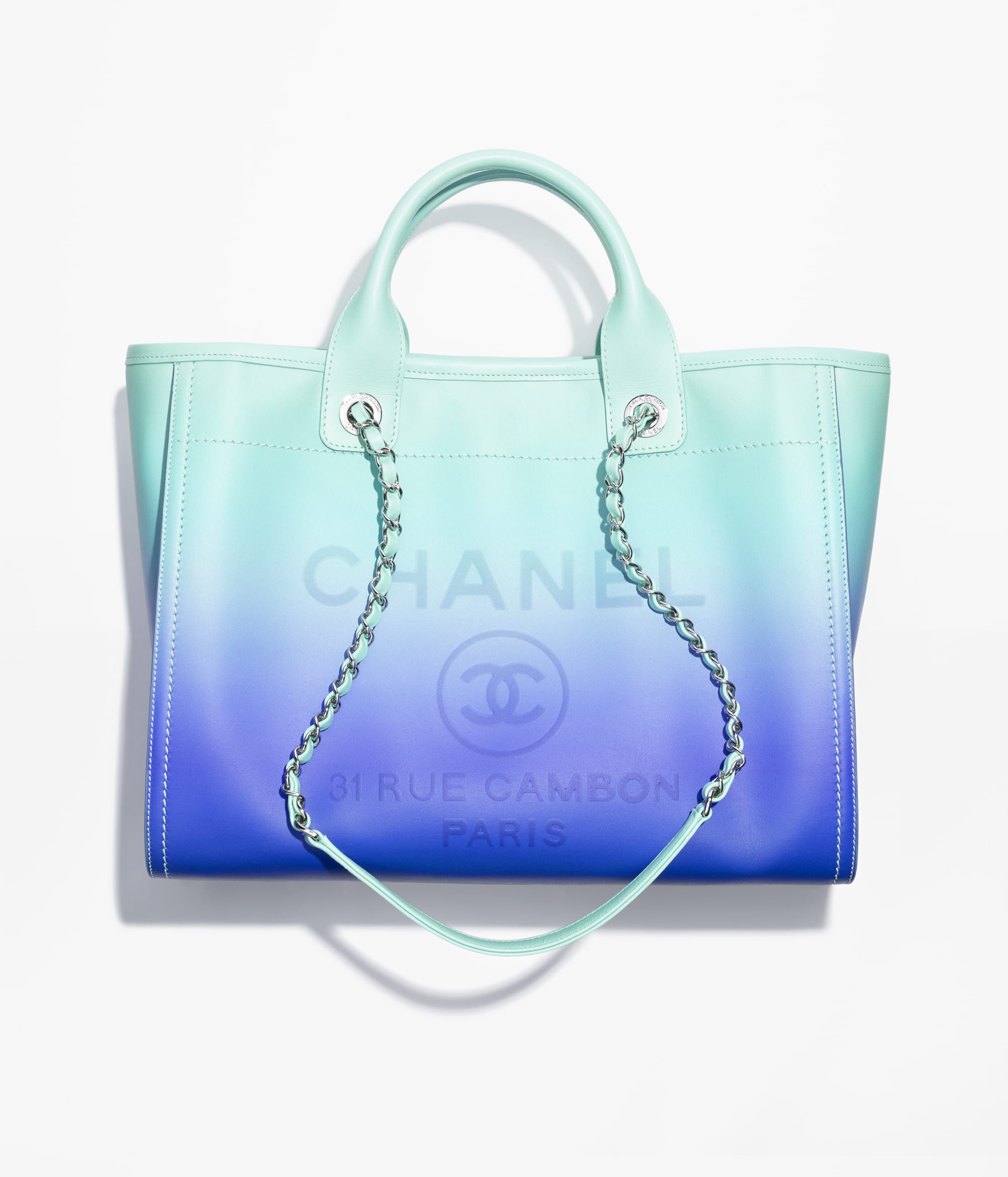 CHANEL Shopping Bag Turquoise Blue Shaded Calfskin Silver Tone Metal