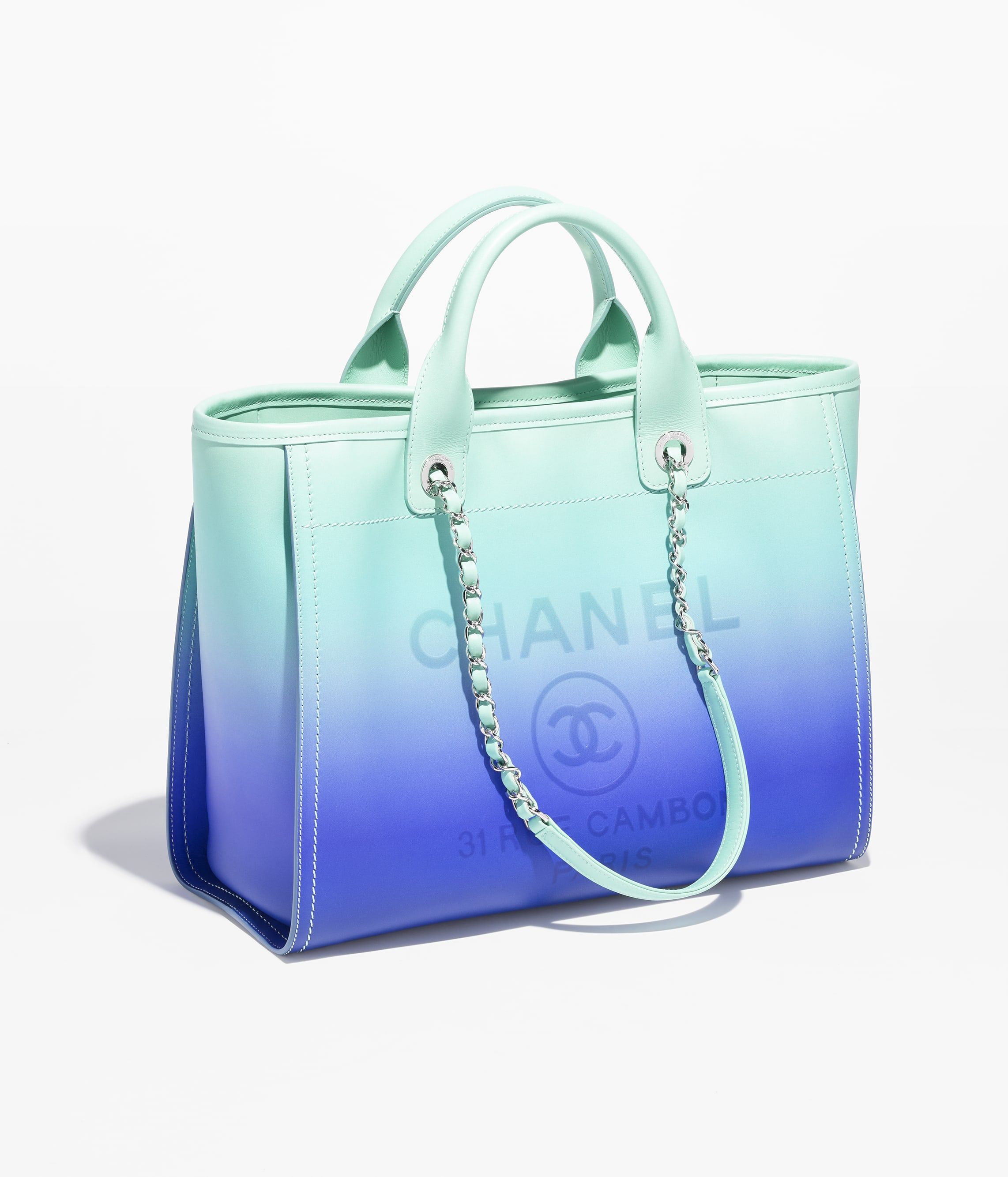 CHANEL Shopping Bag Turquoise Blue Shaded Calfskin Silver Tone Metal