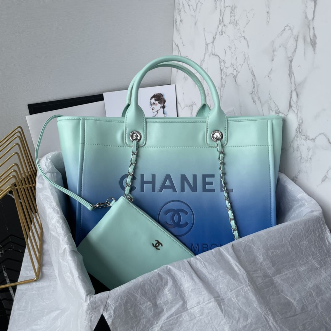 CHANEL Shopping Bag Turquoise Blue Shaded Calfskin Silver Tone Metal