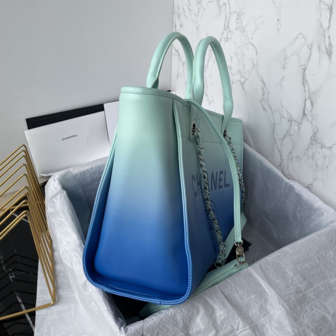 CHANEL Shopping Bag Turquoise Blue Shaded Calfskin Silver Tone Metal