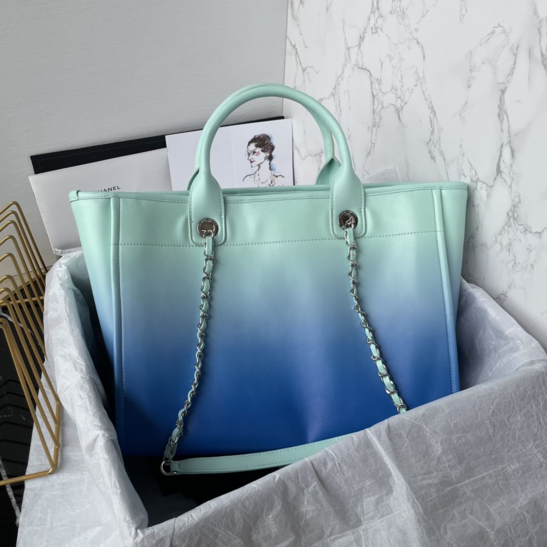 CHANEL Shopping Bag Turquoise Blue Shaded Calfskin Silver Tone Metal