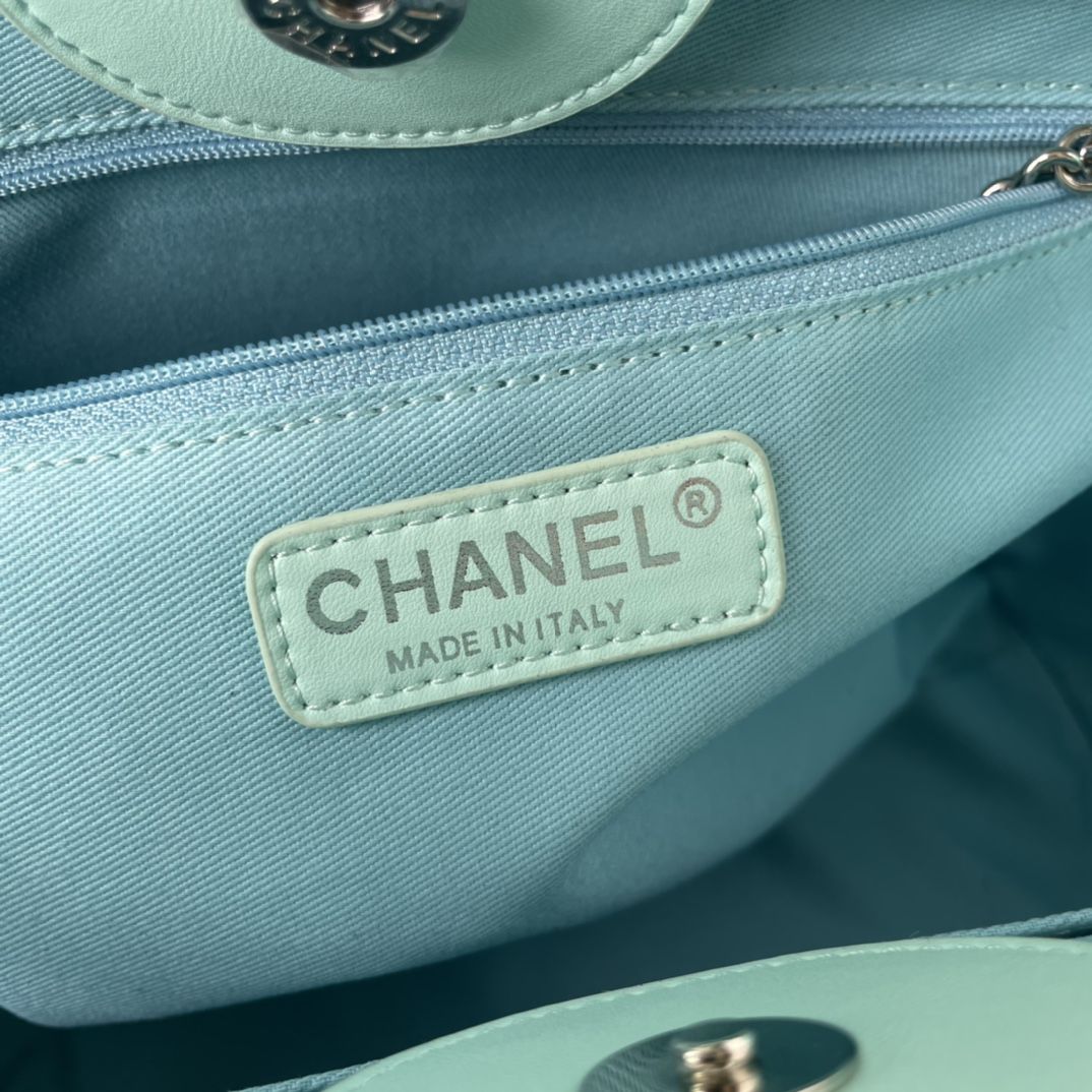 CHANEL Shopping Bag Turquoise Blue Shaded Calfskin Silver Tone Metal