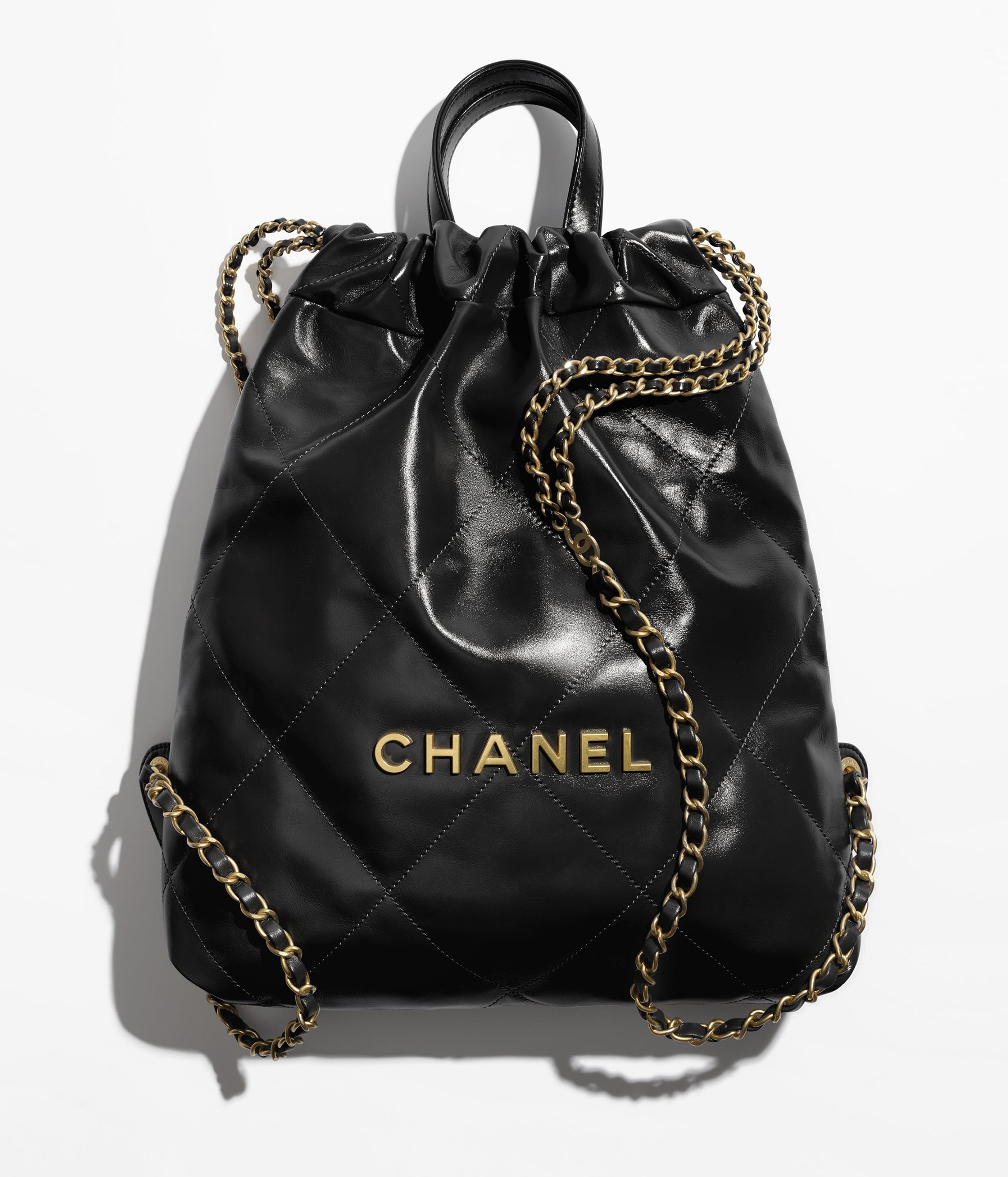 CHANEL 22 Backpack Black Shiny Calfskin Gold Tone Metal