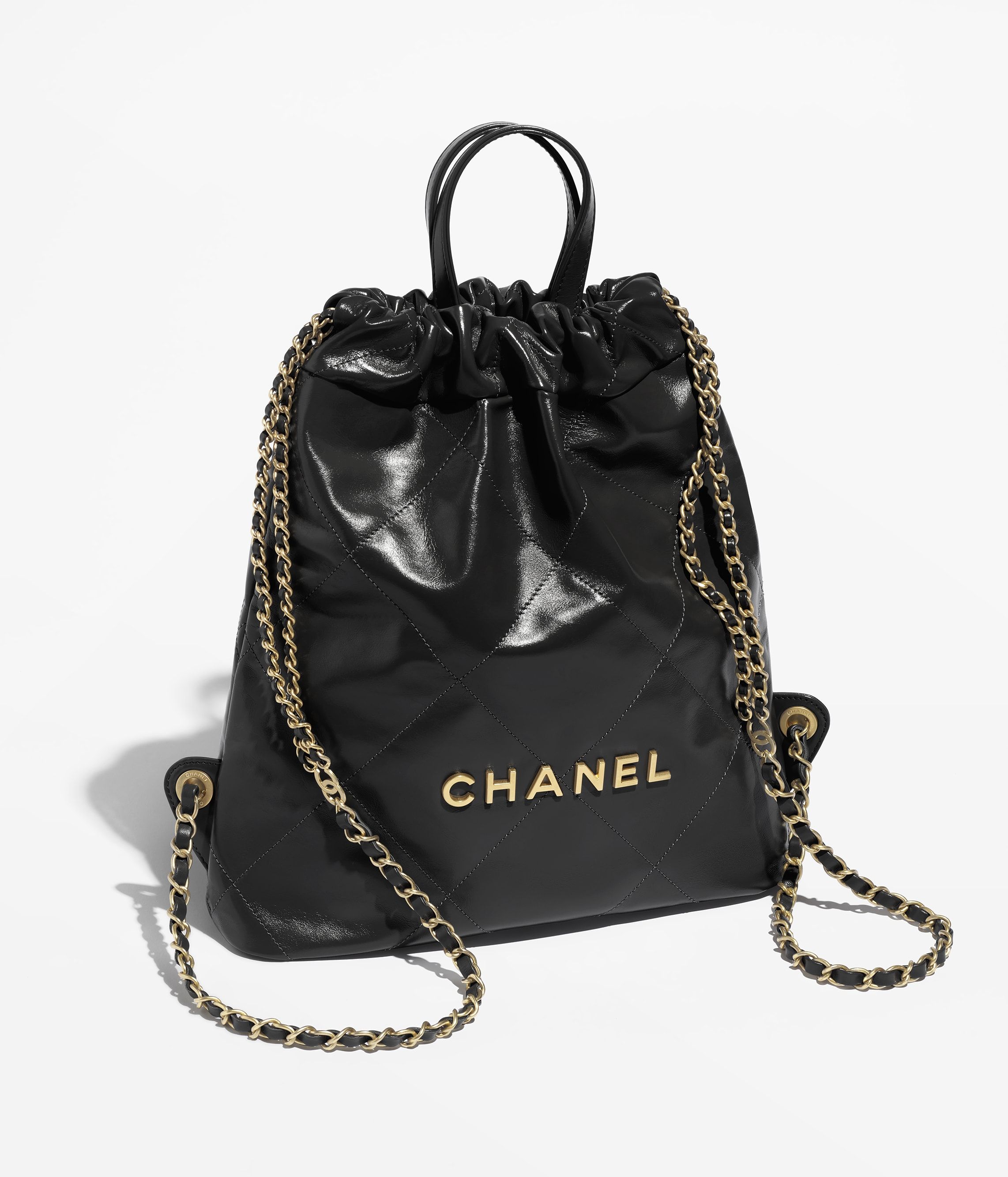 CHANEL 22 Backpack Black Shiny Calfskin Gold Tone Metal