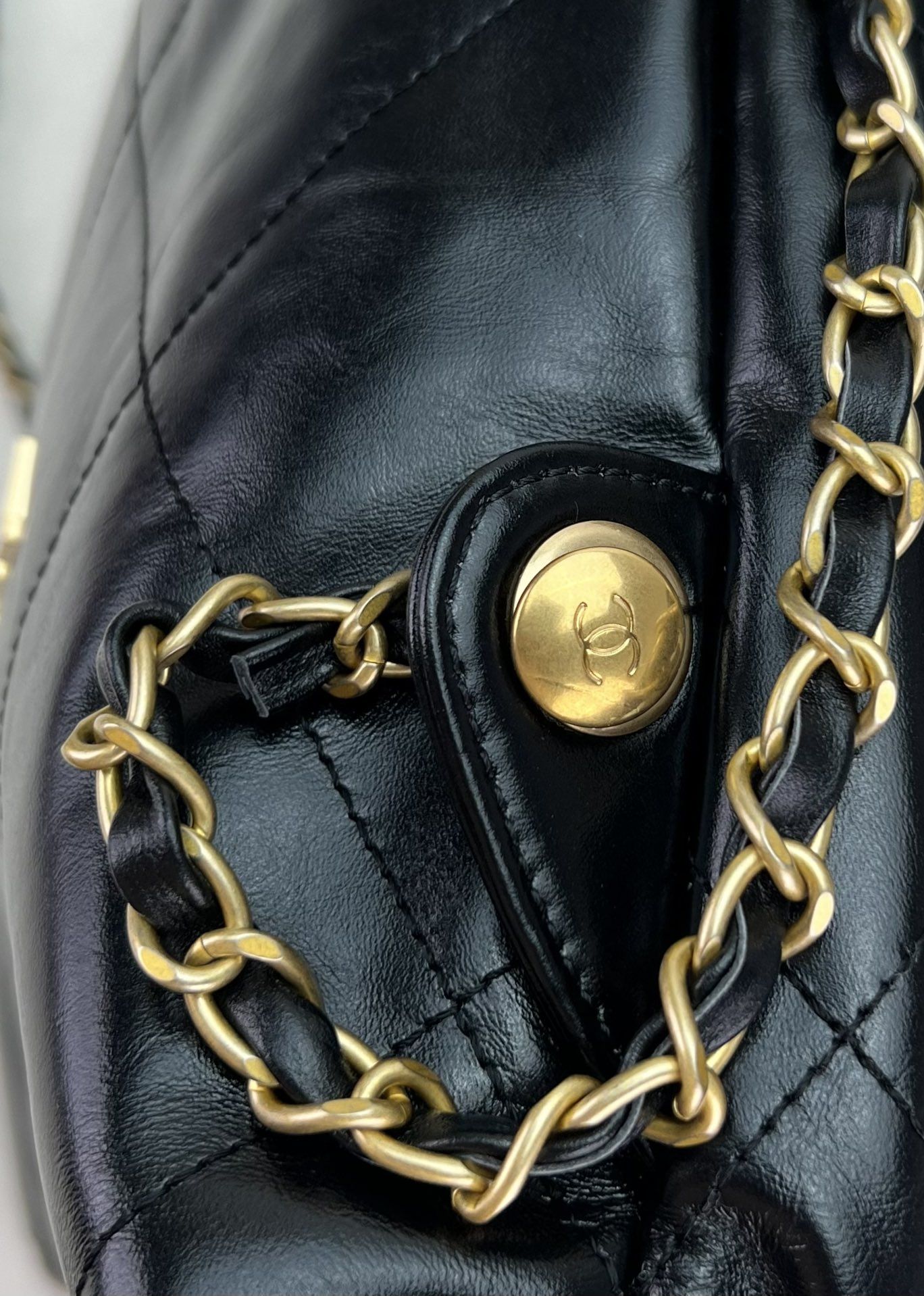 CHANEL 22 Backpack Black Shiny Calfskin Gold Tone Metal