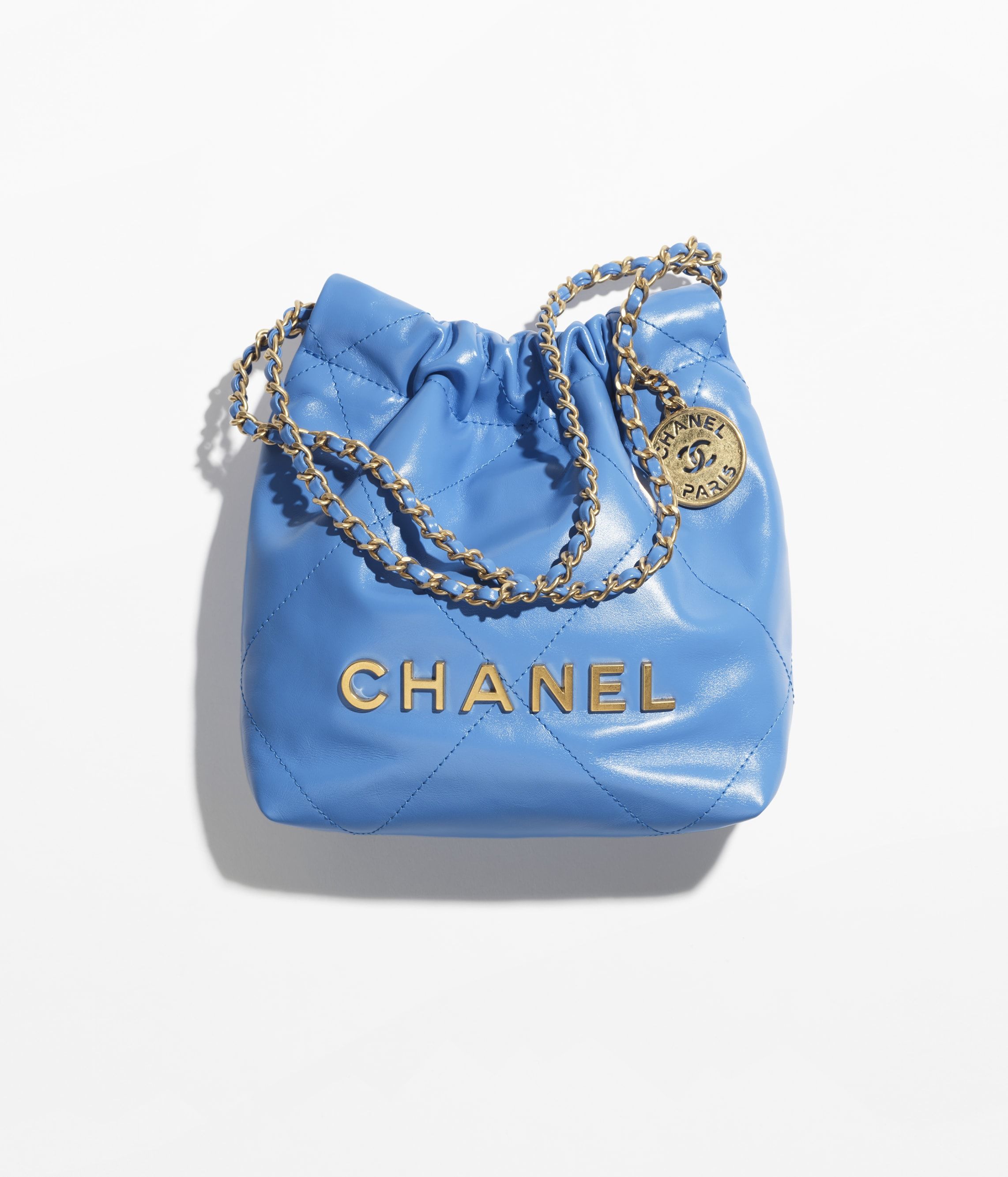 CHANEL 22 Mini Handbag Blue Shiny Calfskin Gold Tone Metal