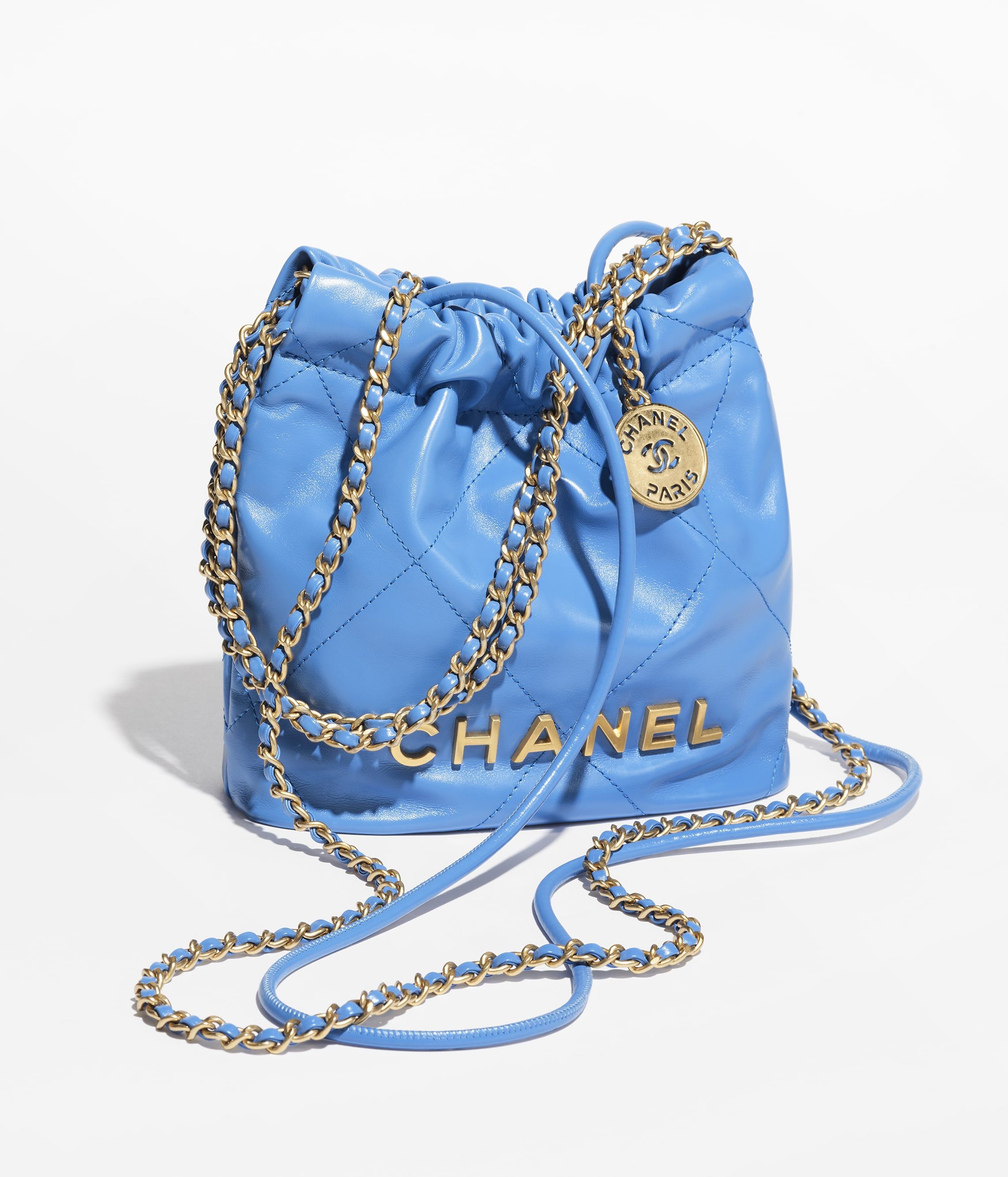 CHANEL 22 Mini Handbag Blue Shiny Calfskin Gold Tone Metal