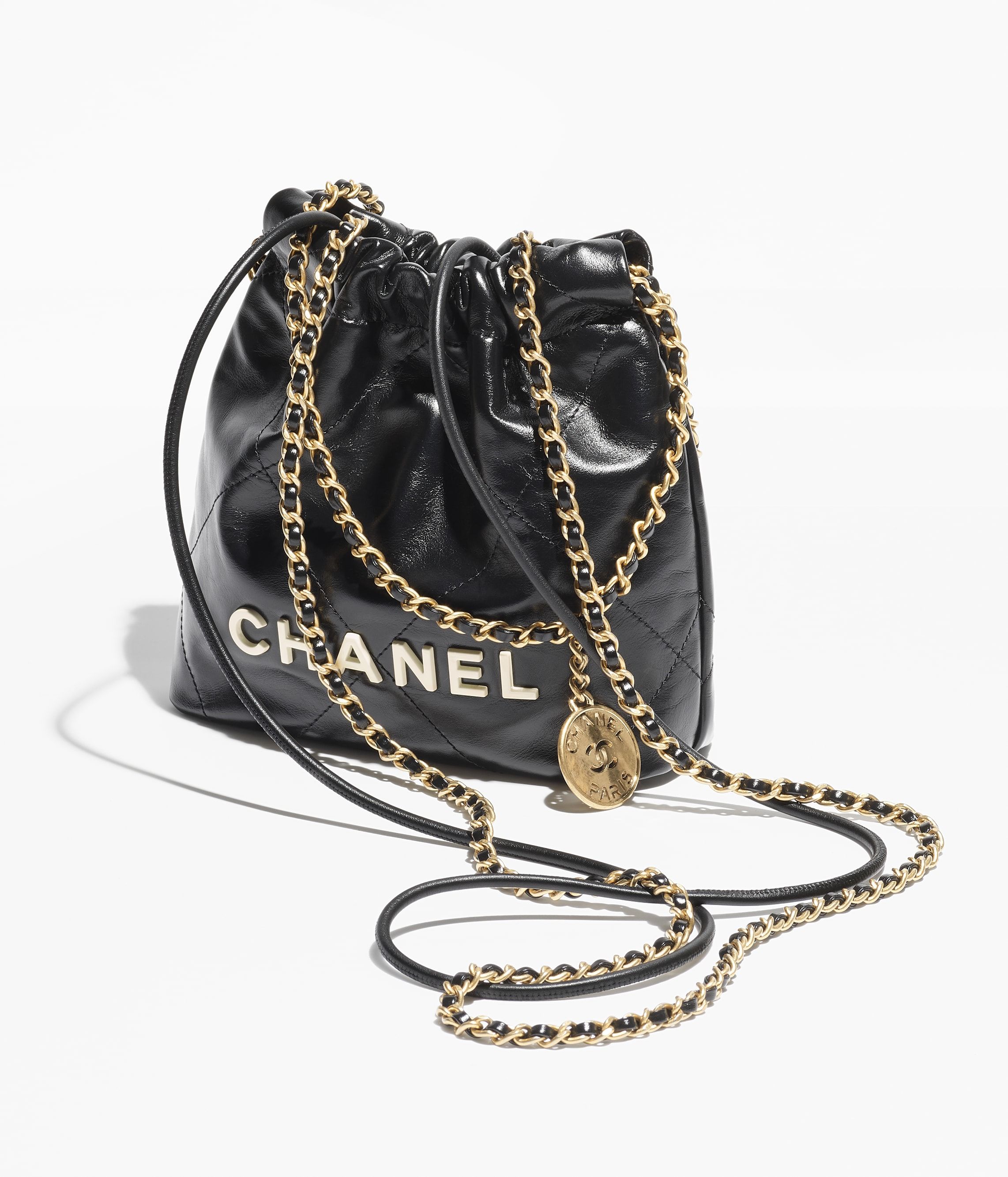 CHANEL 22 Mini Handbag Black Calfskin Gold Tone Lacquered Metal