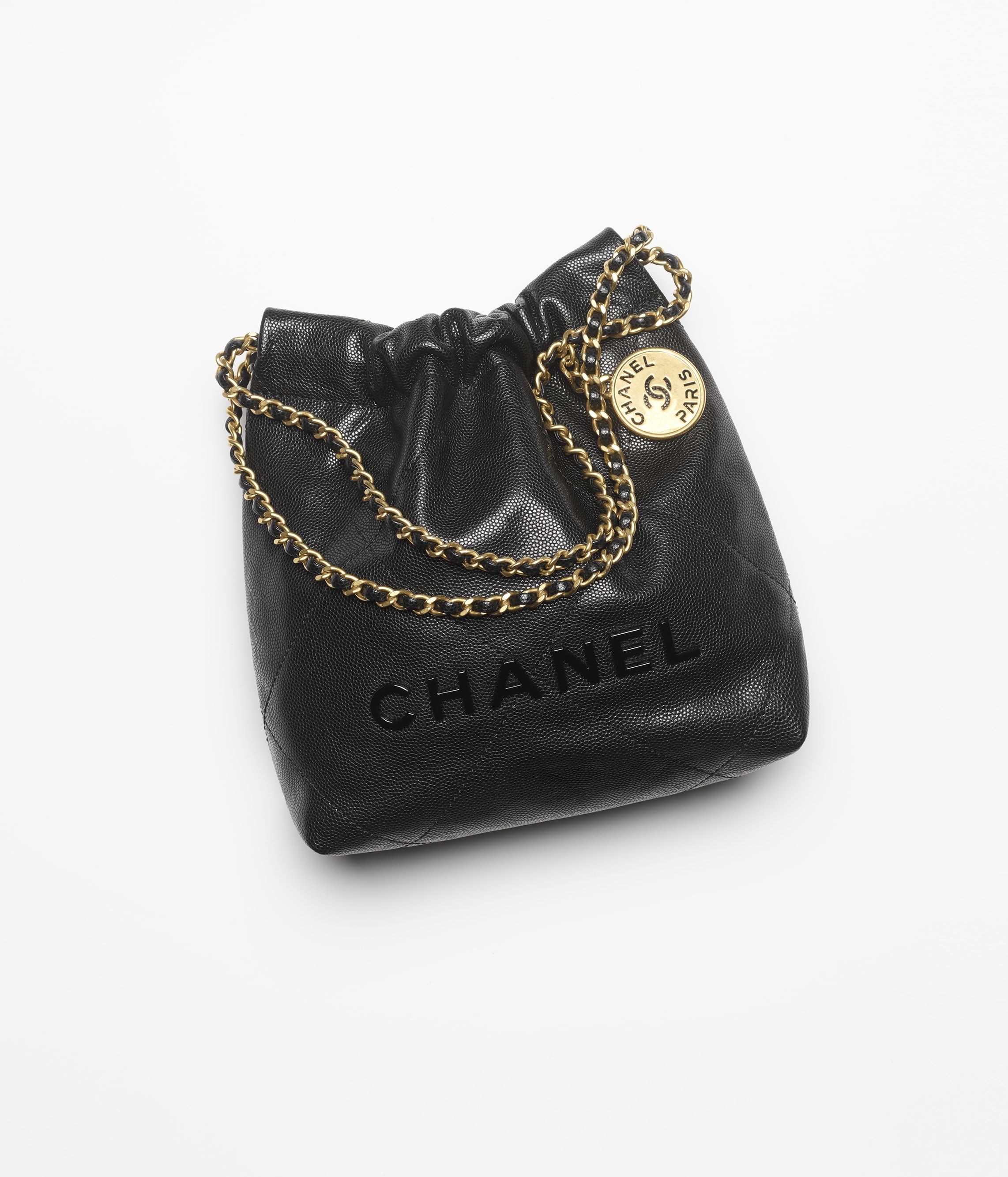 CHANEL 22 Mini Handbag Black Shiny Grained Calfskin Gold Tone Lacquered Metal