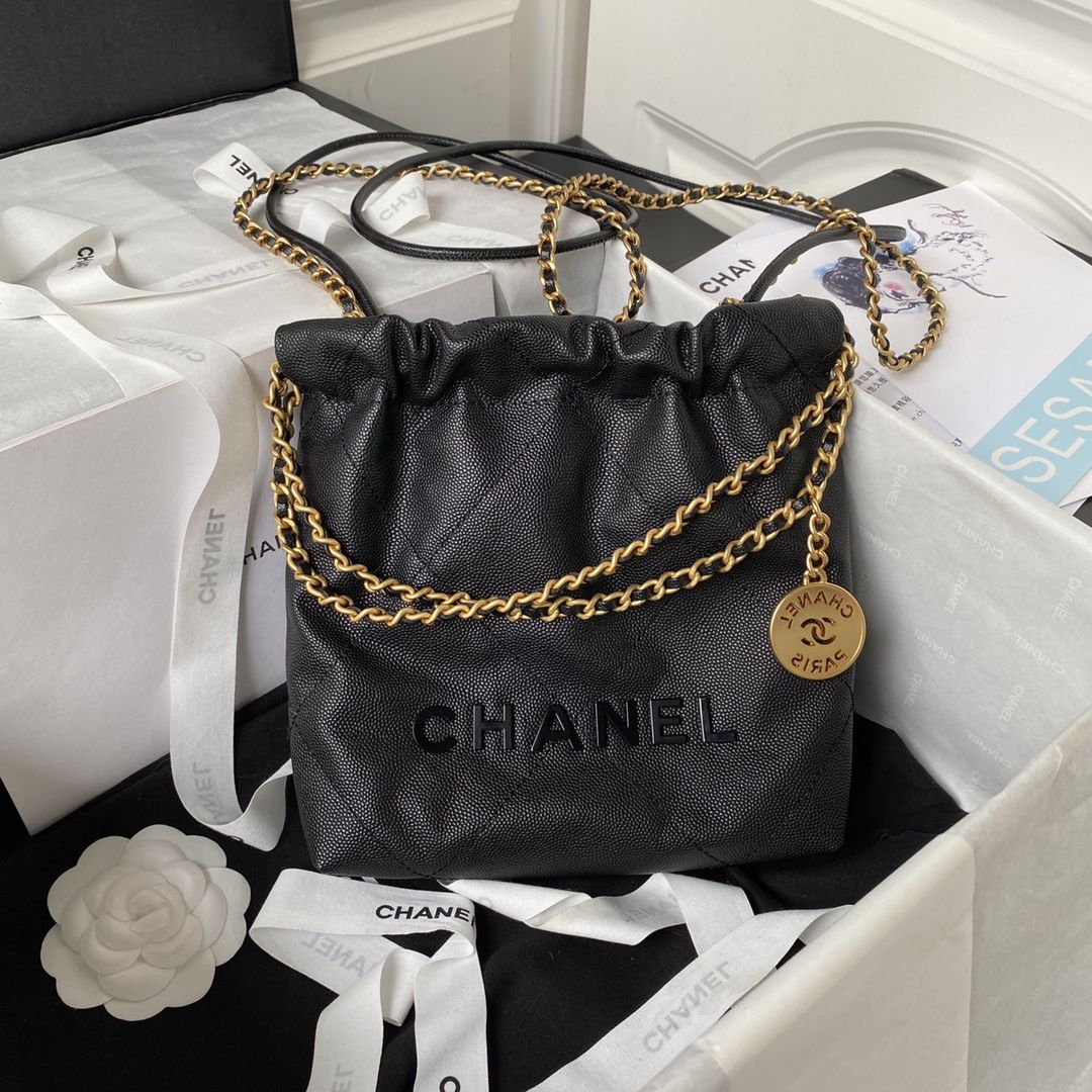 CHANEL 22 Mini Handbag Black Shiny Grained Calfskin Gold Tone Lacquered Metal