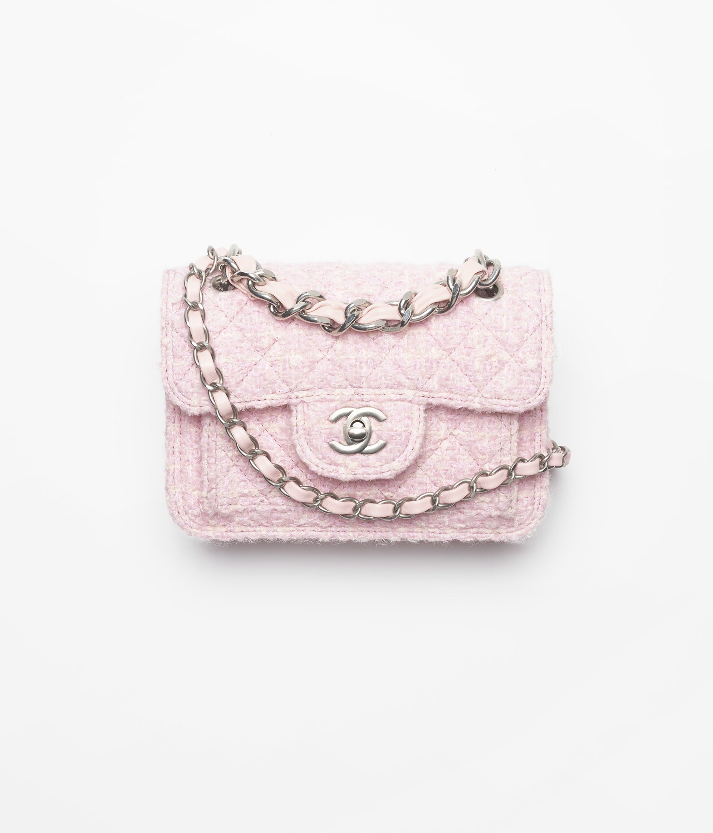 CHANEL Mini Flap Bag Pink Light Beige Tweed Silver Tone Metal