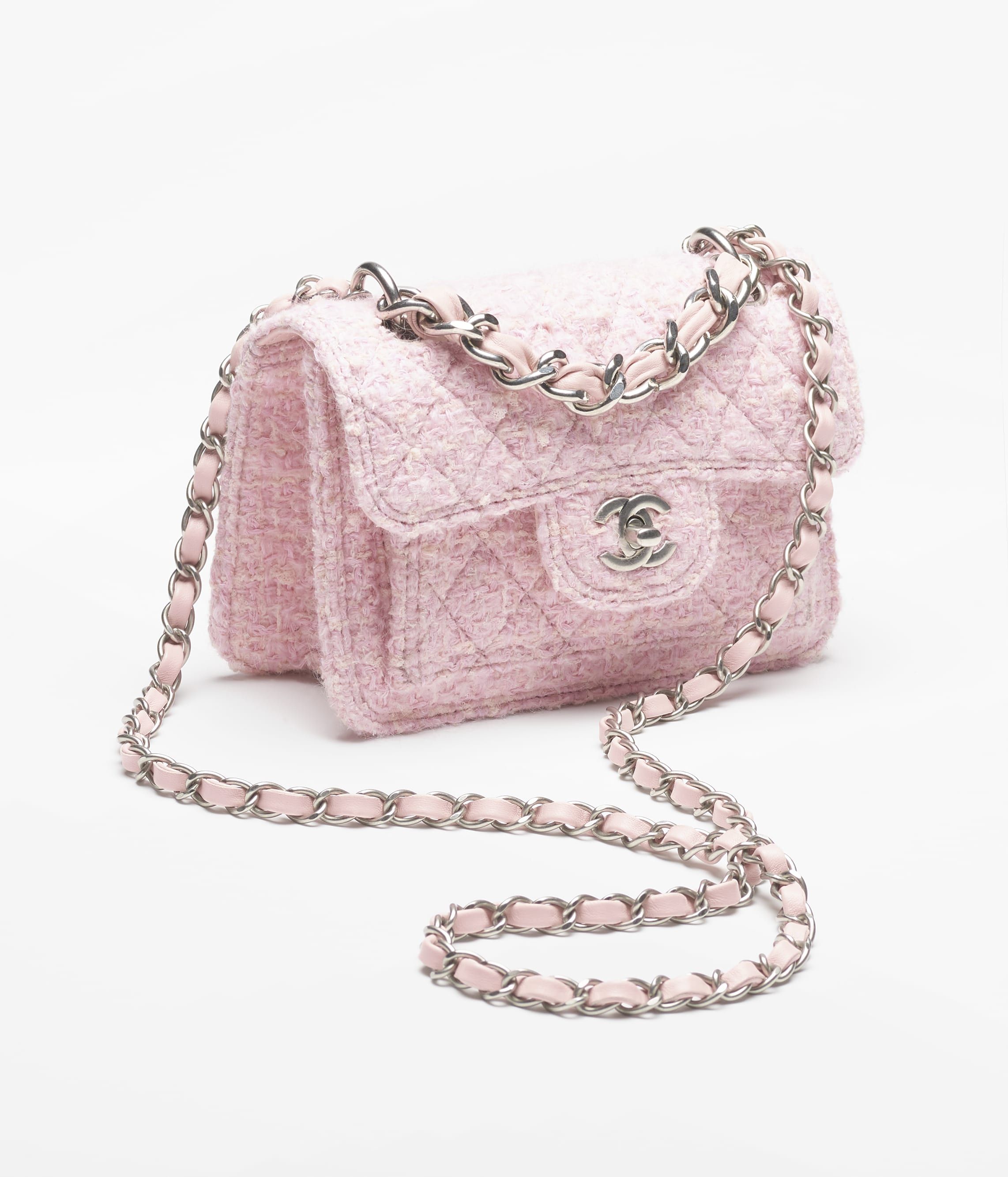 CHANEL Mini Flap Bag Pink Light Beige Tweed Silver Tone Metal