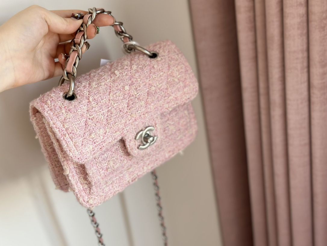 CHANEL Mini Flap Bag Pink Light Beige Tweed Silver Tone Metal