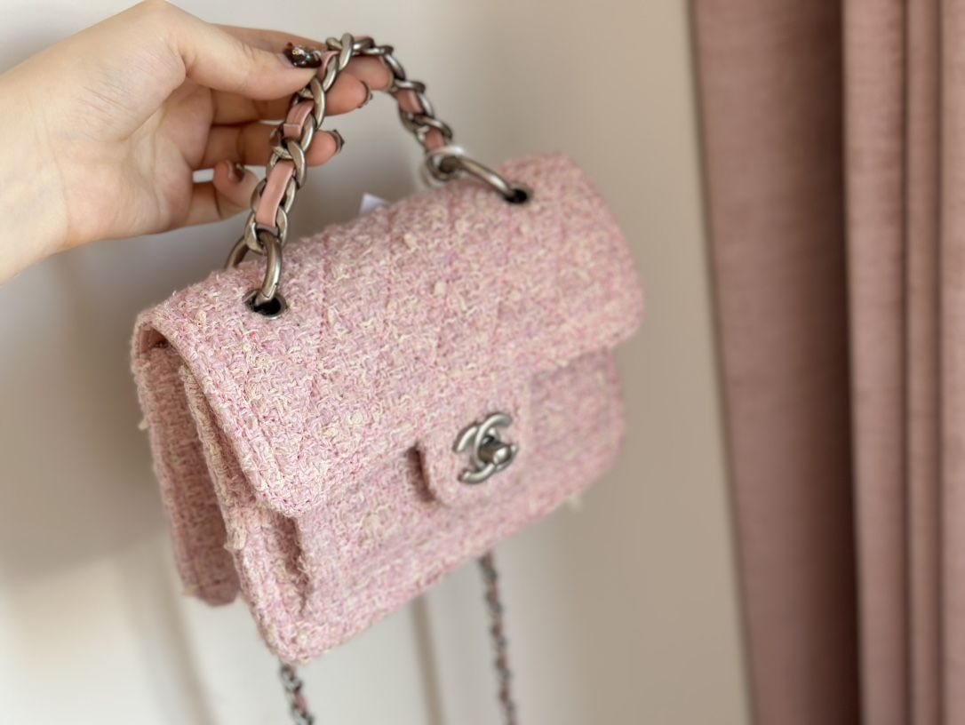 CHANEL Mini Flap Bag Pink Light Beige Tweed Silver Tone Metal