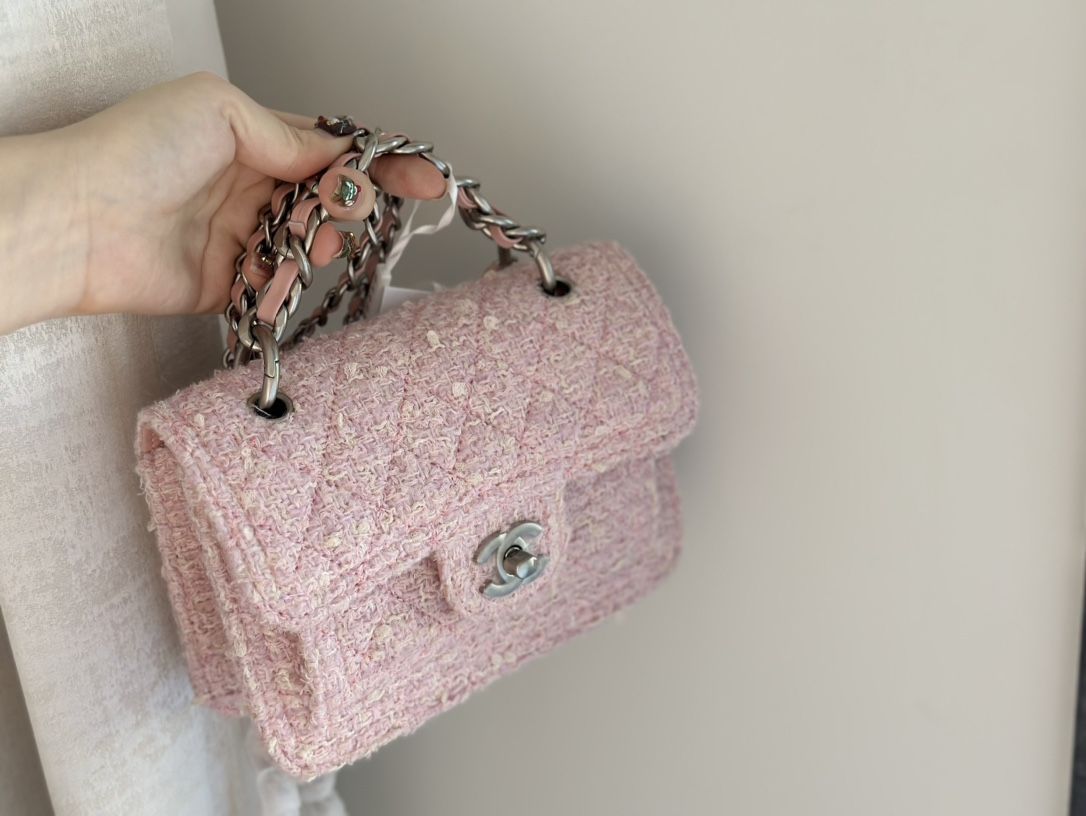 CHANEL Mini Flap Bag Pink Light Beige Tweed Silver Tone Metal