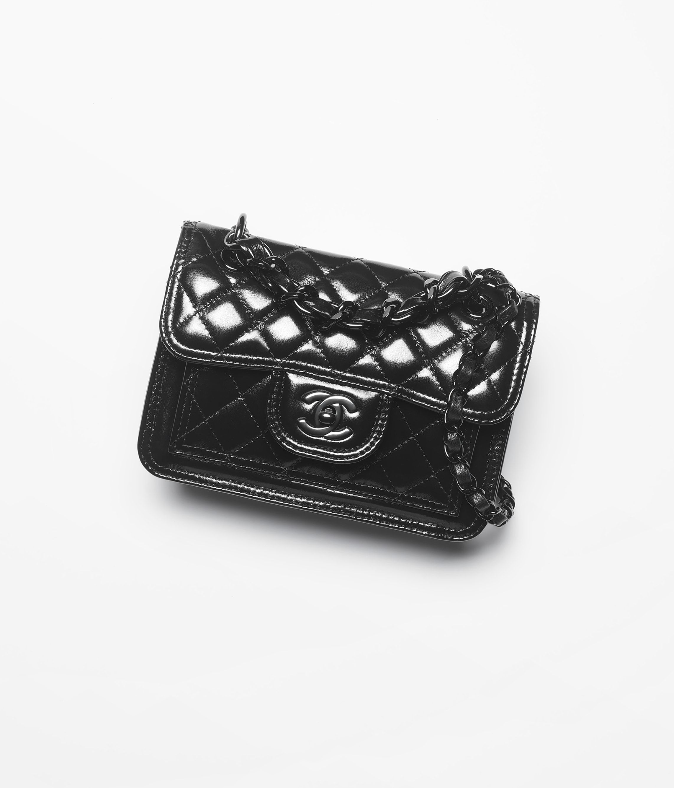 CHANEL Mini Flap Bag Black Shiny Crumpled Calfskin Black Metal