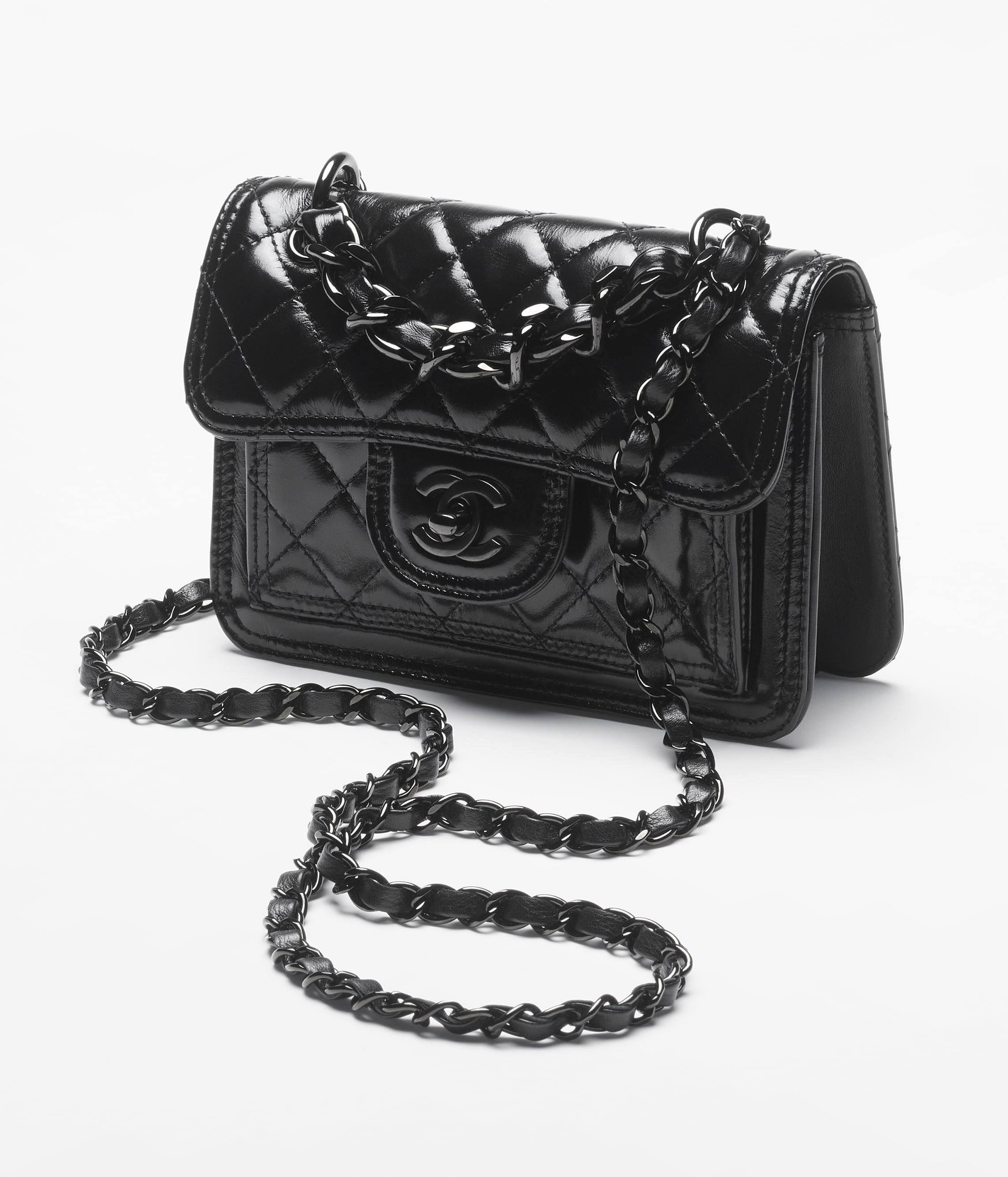 CHANEL Mini Flap Bag Black Shiny Crumpled Calfskin Black Metal