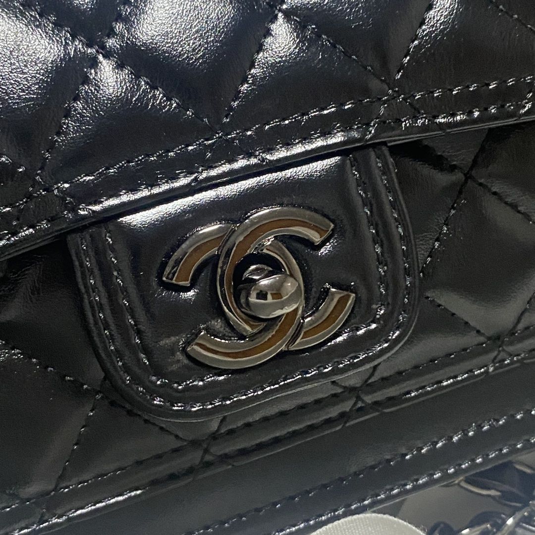 CHANEL Mini Flap Bag Black Shiny Crumpled Calfskin Black Metal