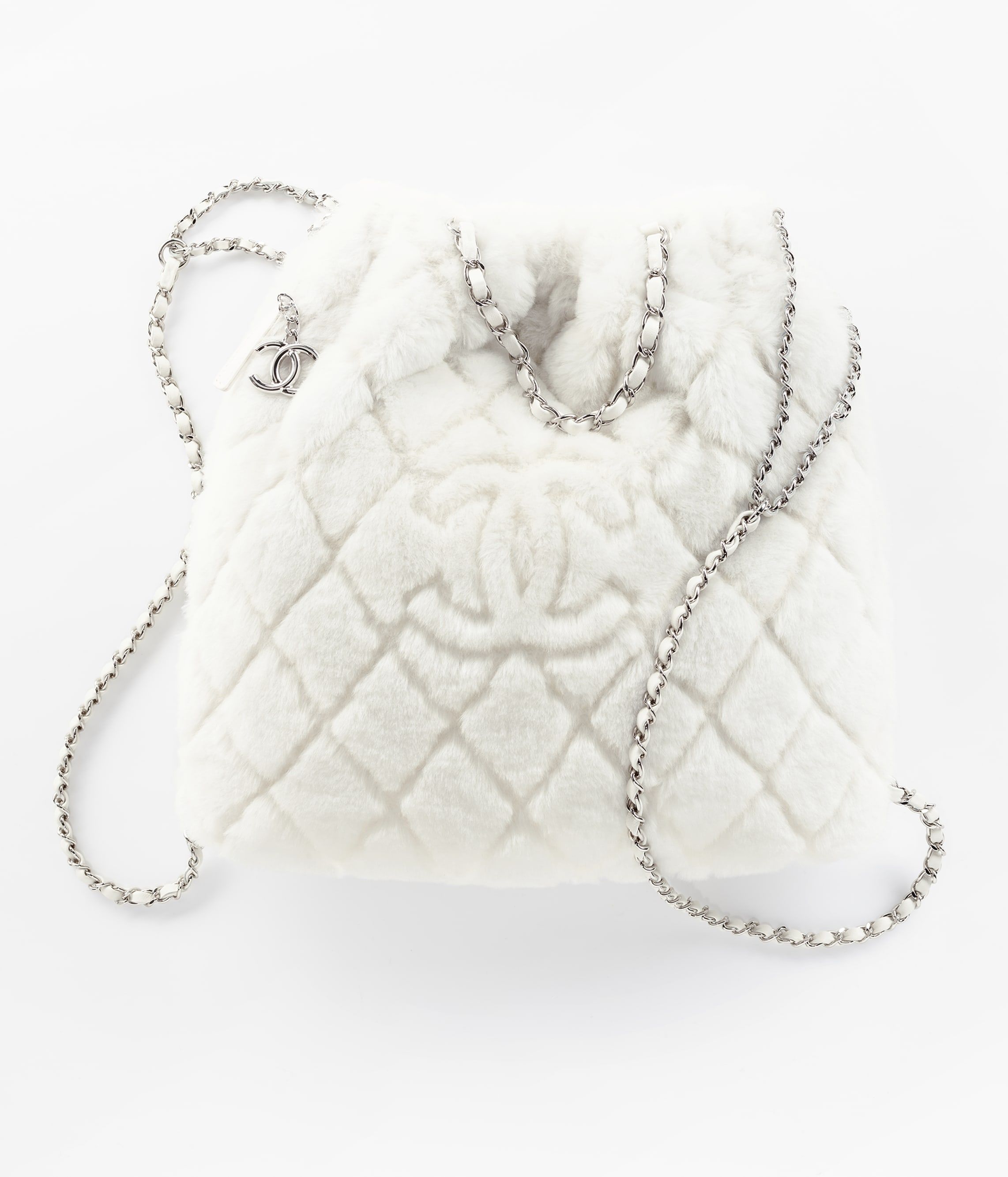 CHANEL Large Backpack White Shearling Lambskin Silver Tone Metal