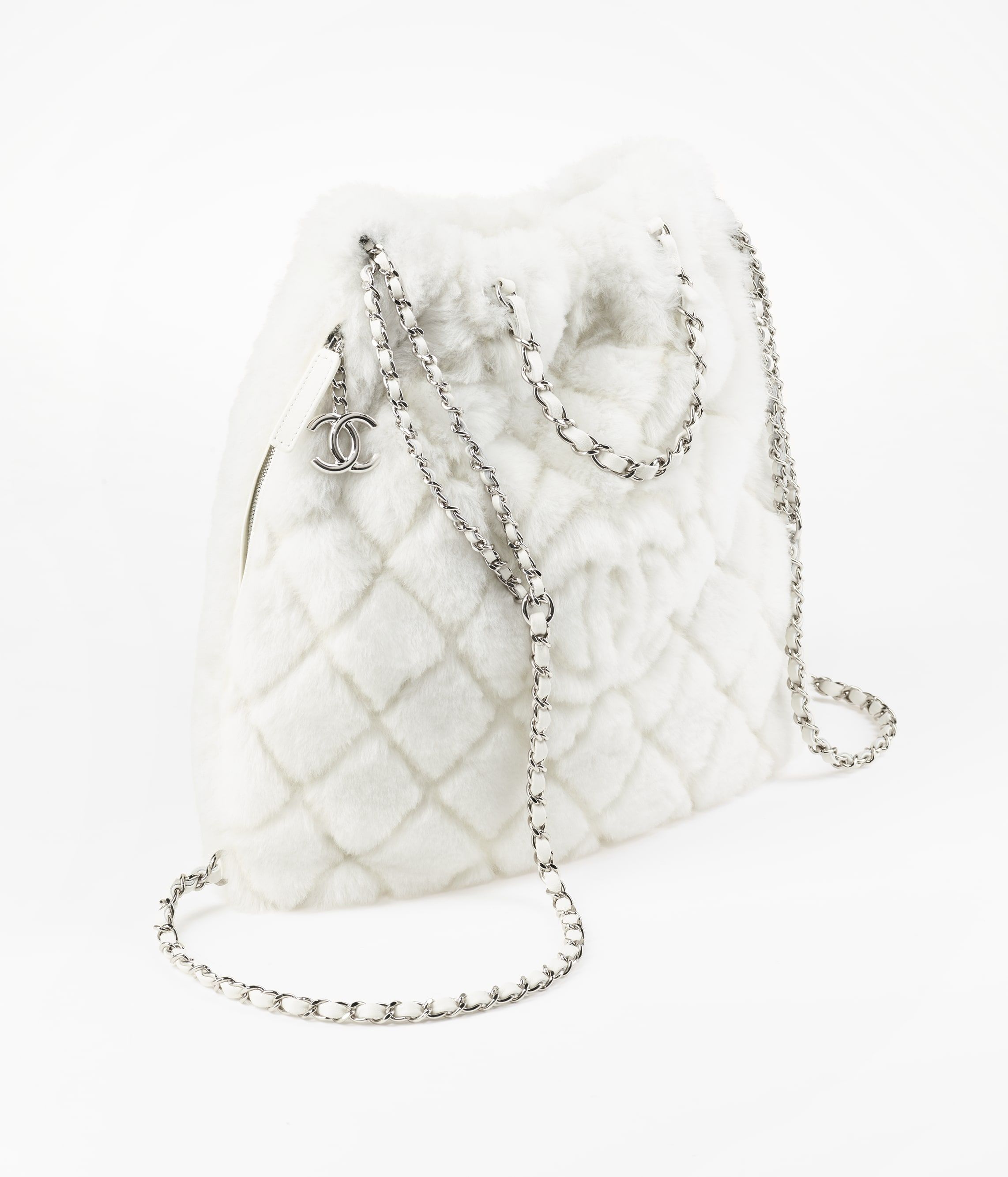 CHANEL Large Backpack White Shearling Lambskin Silver Tone Metal