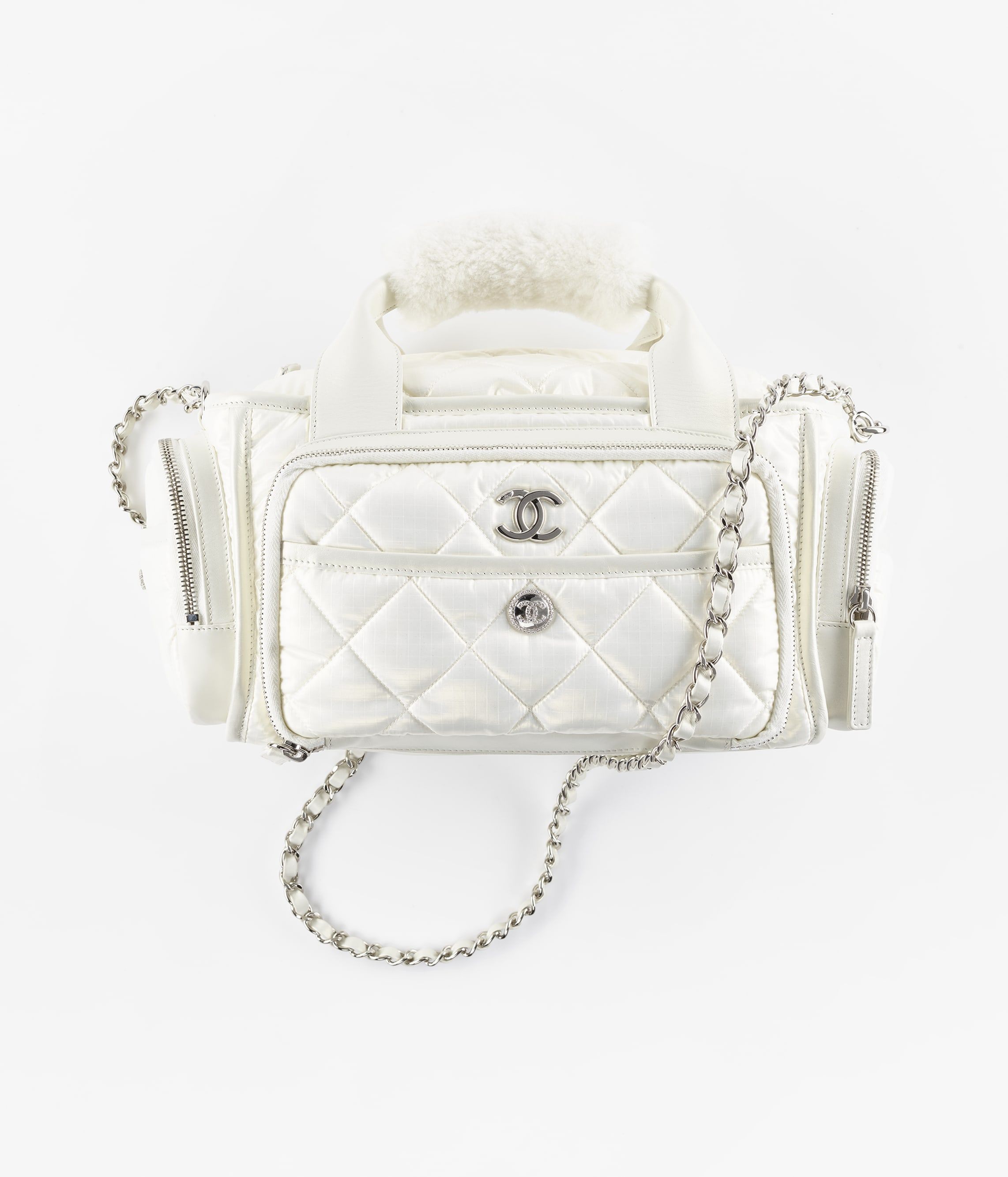 CHANEL Large Bowling Bag White Nylon Silver Tone Metal