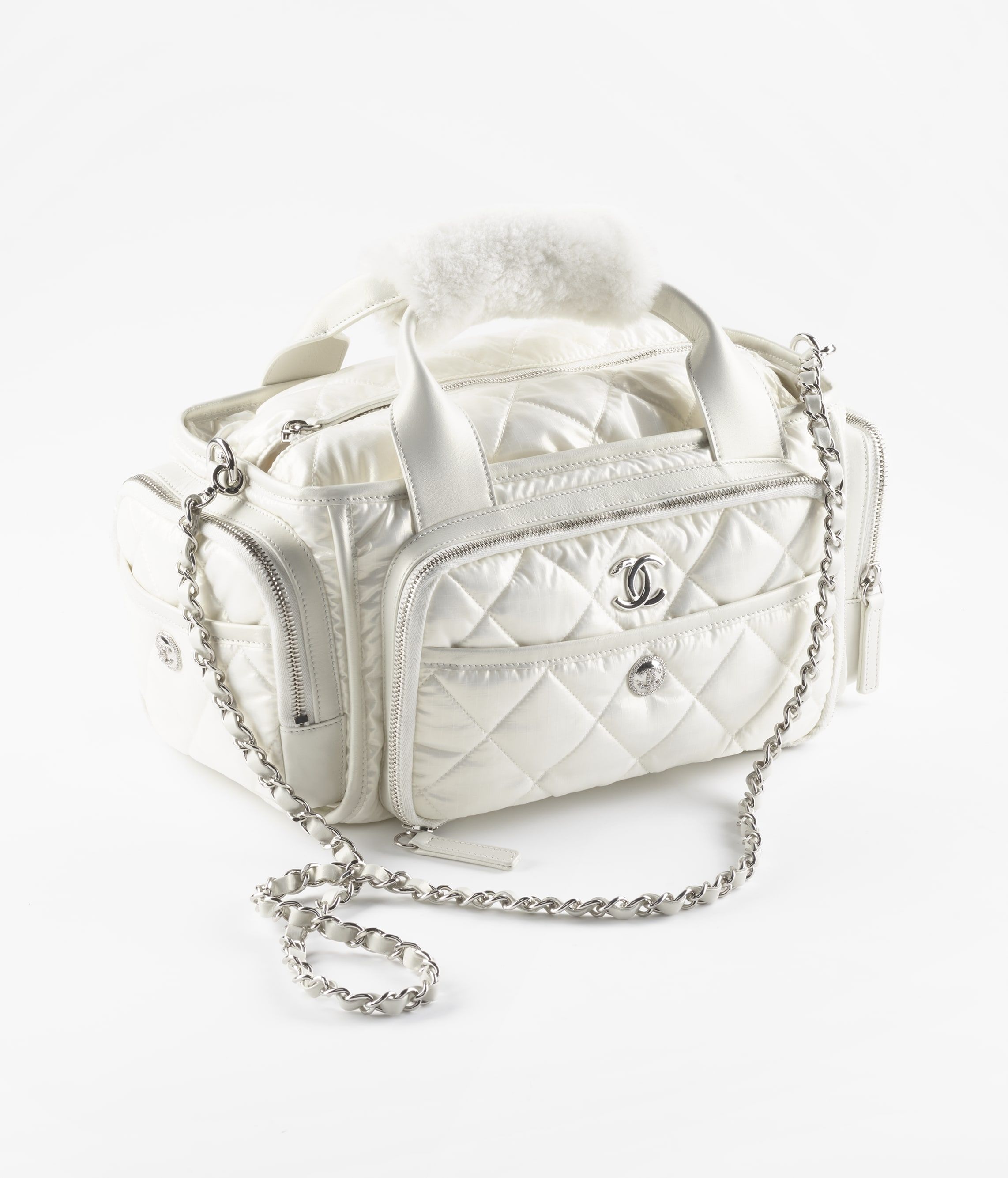 CHANEL Large Bowling Bag White Nylon Silver Tone Metal